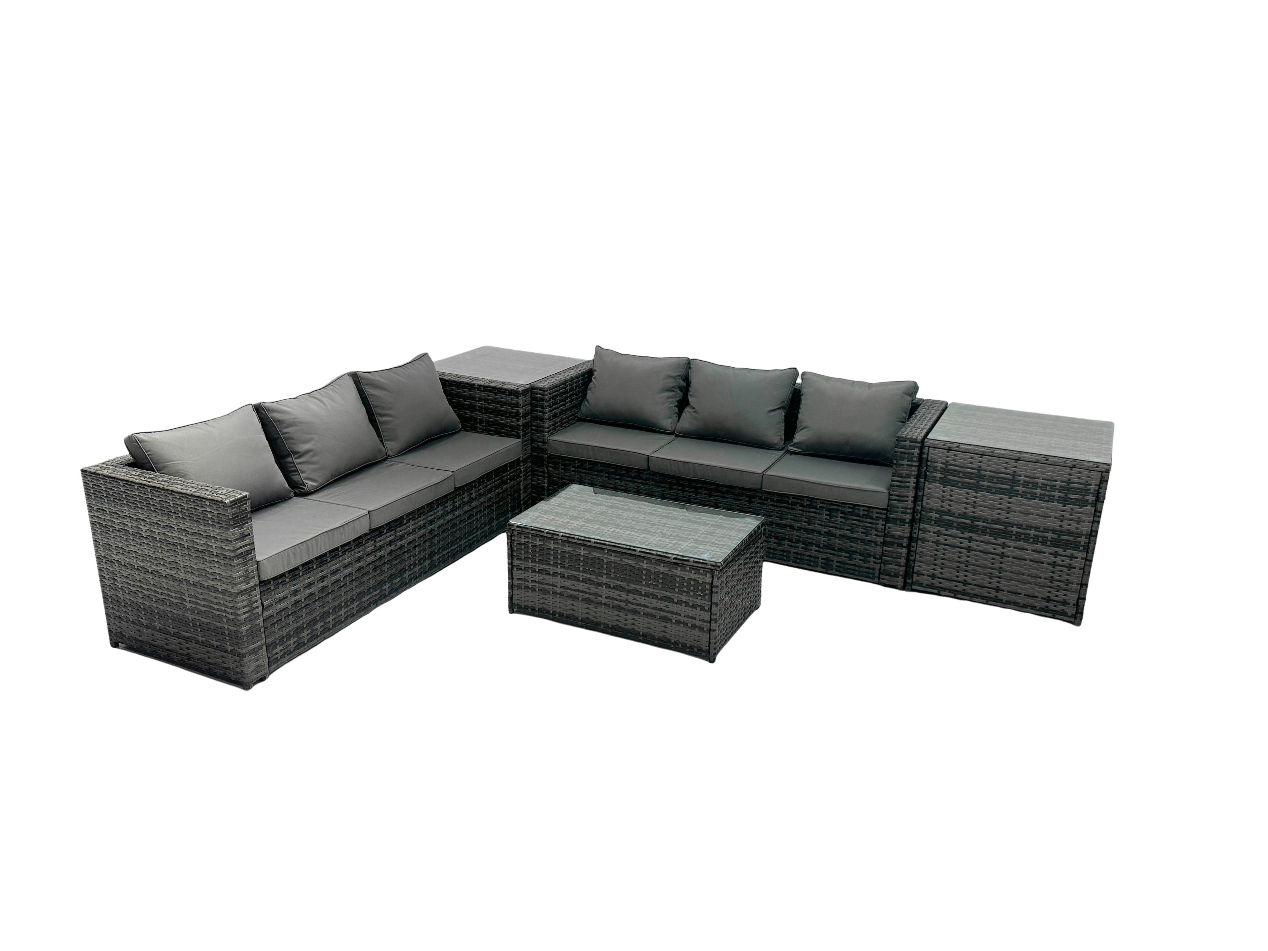 Fimous Dark/Grey Rattan Garden Furniture Dining Set 6 Seater Patio Coffee Table Sofa Set With 2 Side Tables Mixed