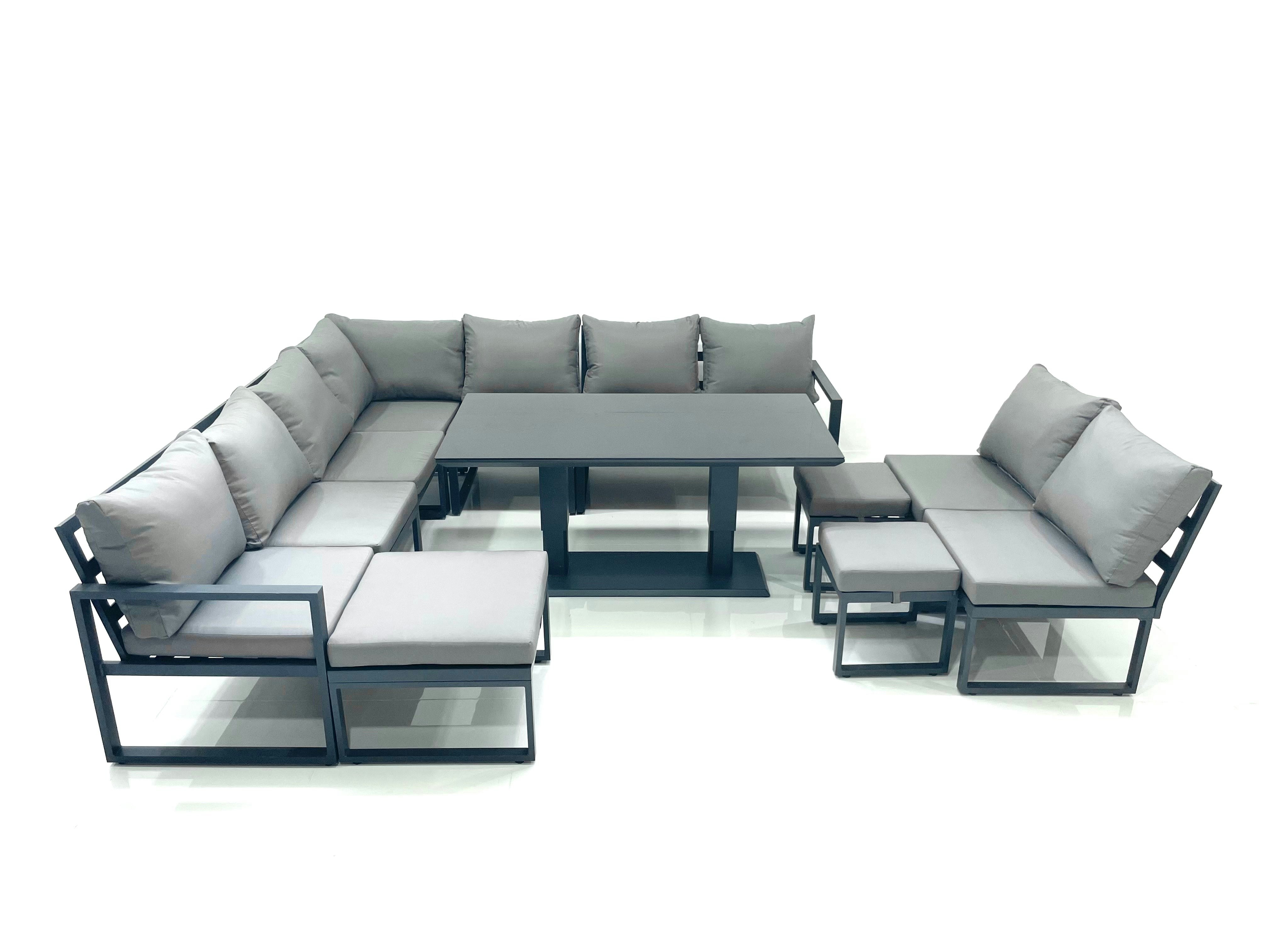 Rackhams Dark/Grey 12 Seater Outdoor Aluminium Garden Furniture Set Corner Sofa 3 Footstools Rising Lifting Dining Table Sets