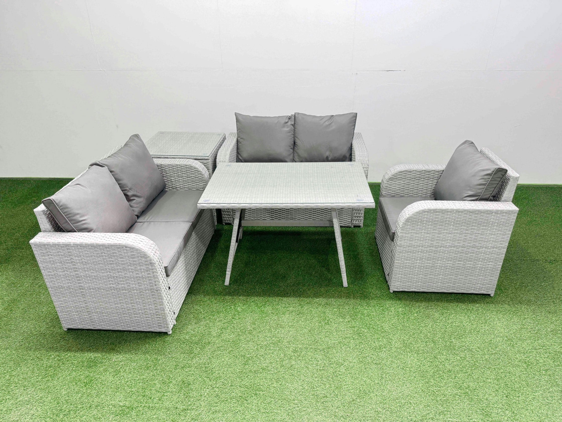 Rackhams Light/Grey 5 Seater Outdoor Rattan Garden Furniture Set Love Sofa Reclining Chair Set With Rectangular Dining Table Side Table