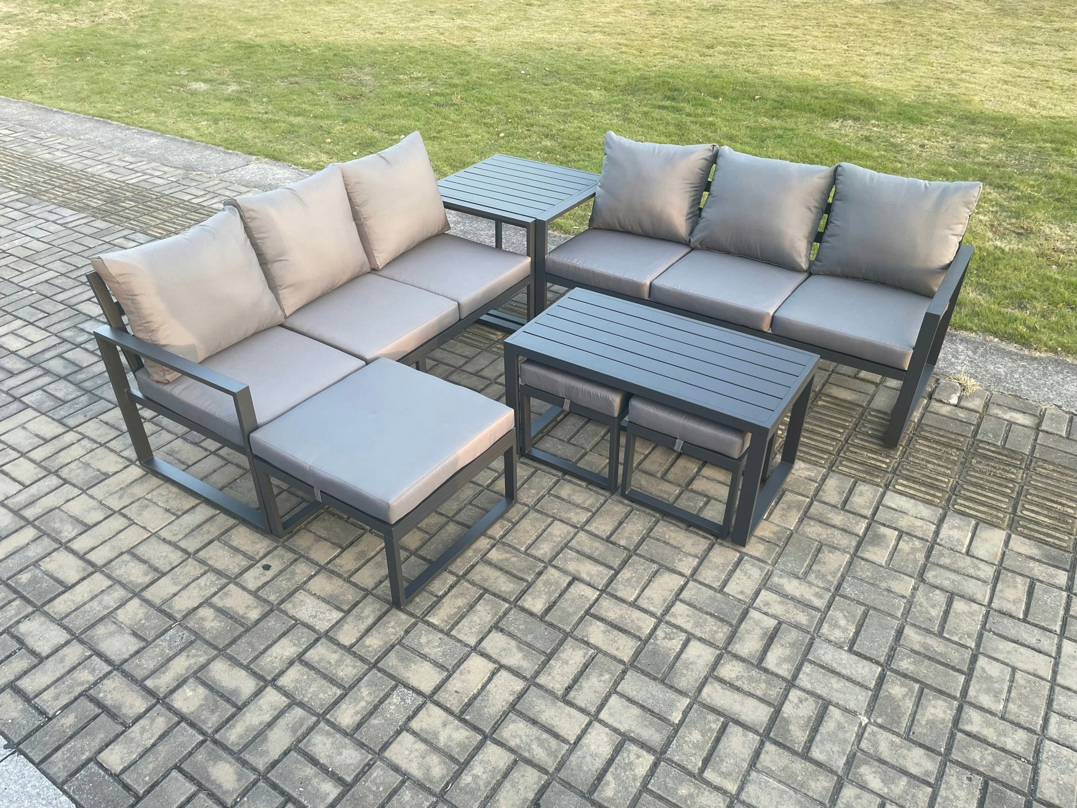 Rackhams Dark/Grey Aluminium 9 Seater Garden Furniture Outdoor Patio Sofa Set With Rectangular Coffee Table 3 Footstools Side Table