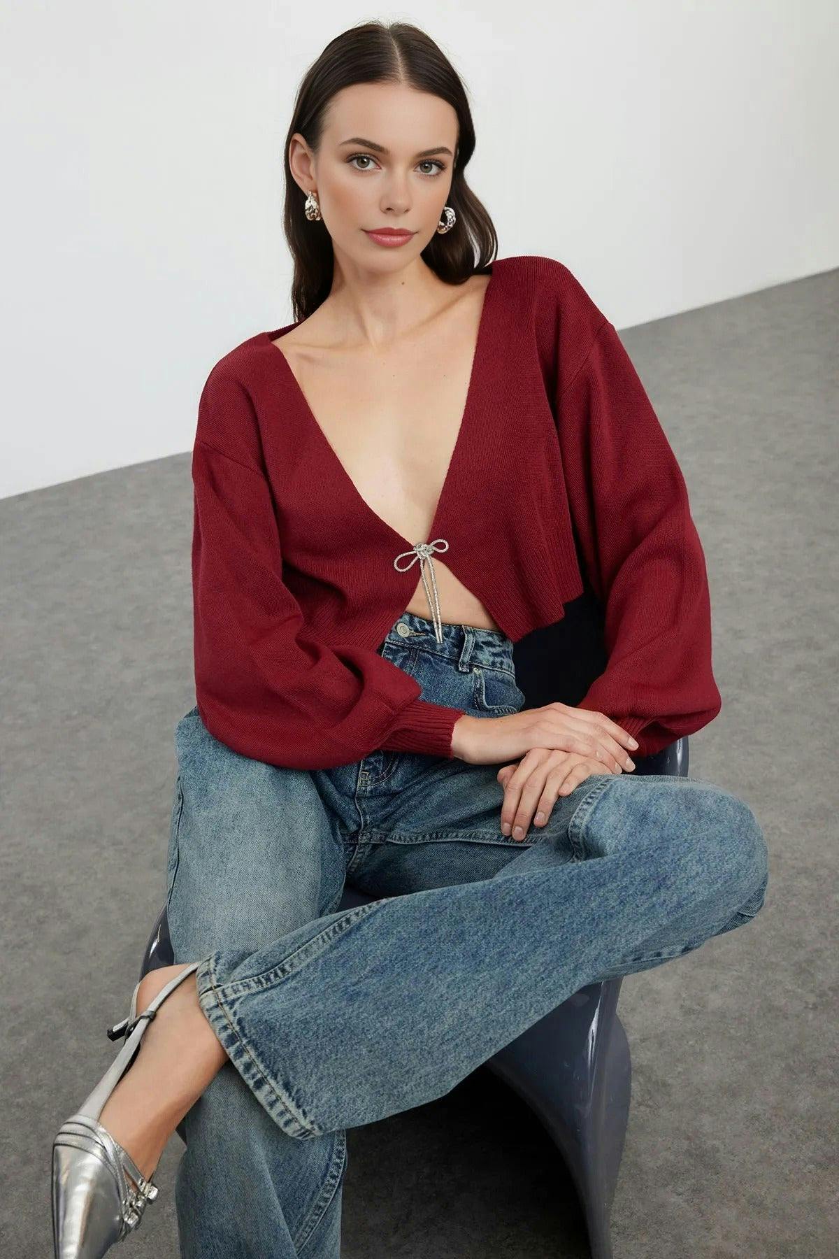 Wovcor Burgundy Super Crop Knit Cardigan With Bow Detail - S