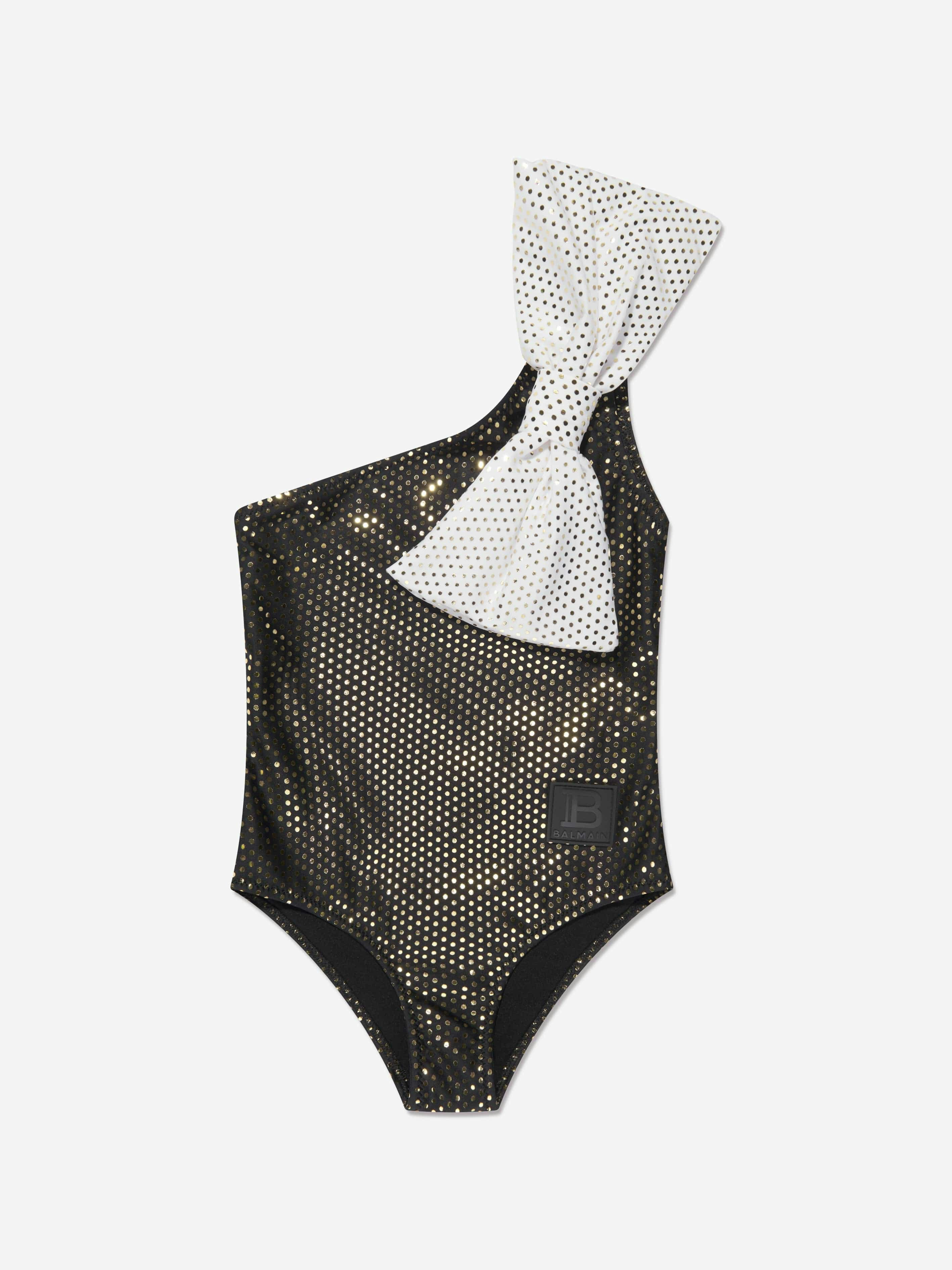 Balmain Girls Black One Shoulder Bow Swimsuit In - 13 Yrs
