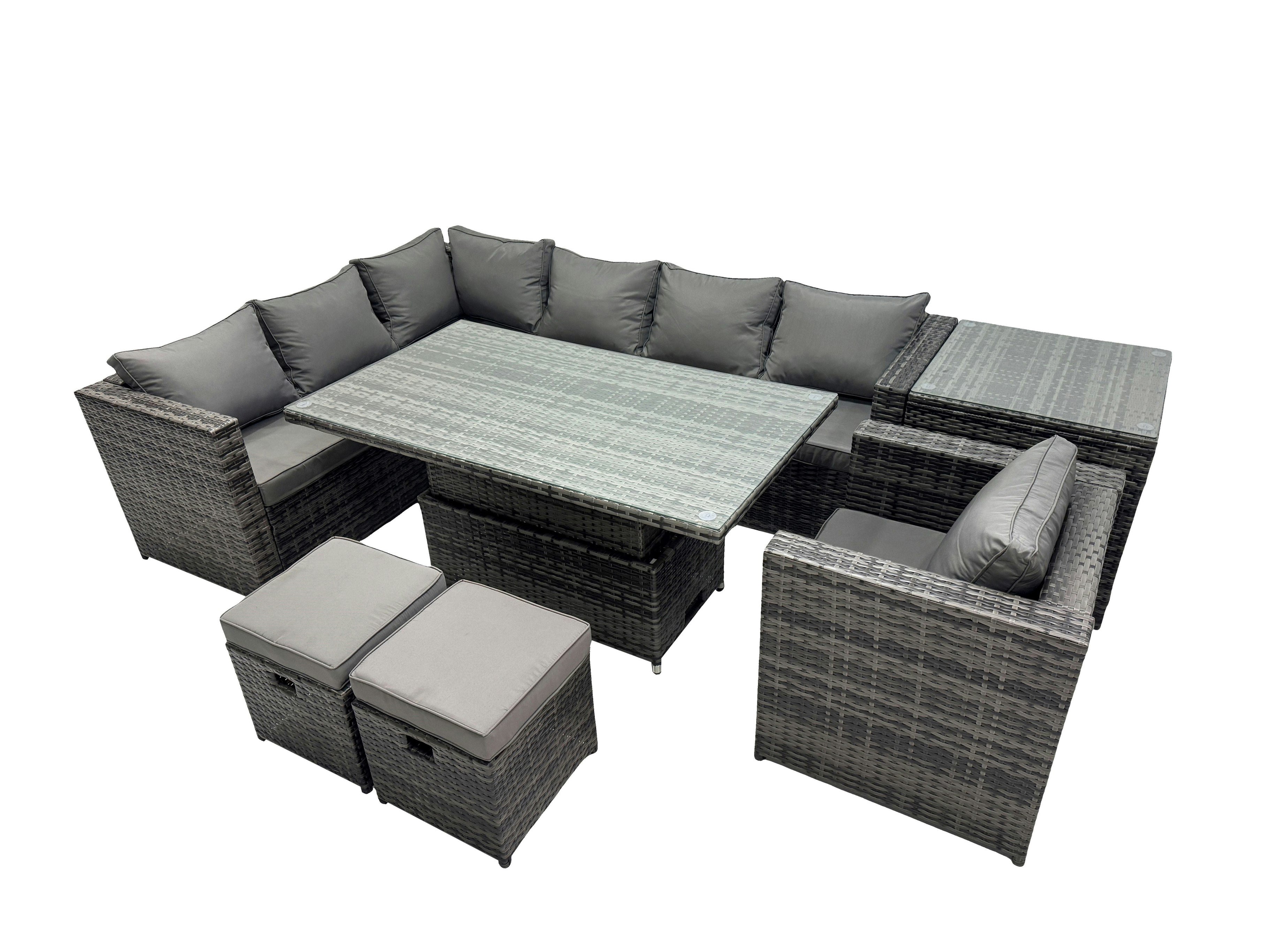 Rackhams Dark/Grey 9 Seater Height Adjustable Rising Table Corner Sofa Set Rattan Garden Furniture Dining Set With 2 Small Stool Side Table Mixed