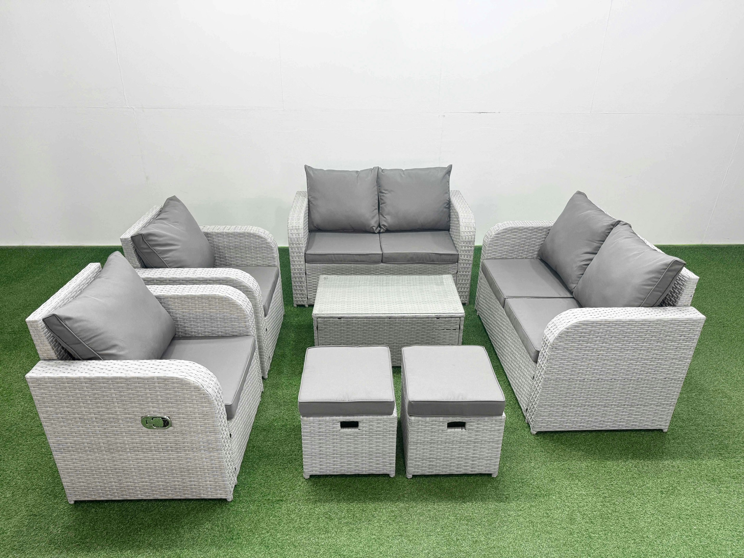 Fimous Light/Grey 8 Seater Outdoor Reclining Chair Love Sofa Set Rattan Garden Furniture Set With Rectangular Coffee Table 2 Stools