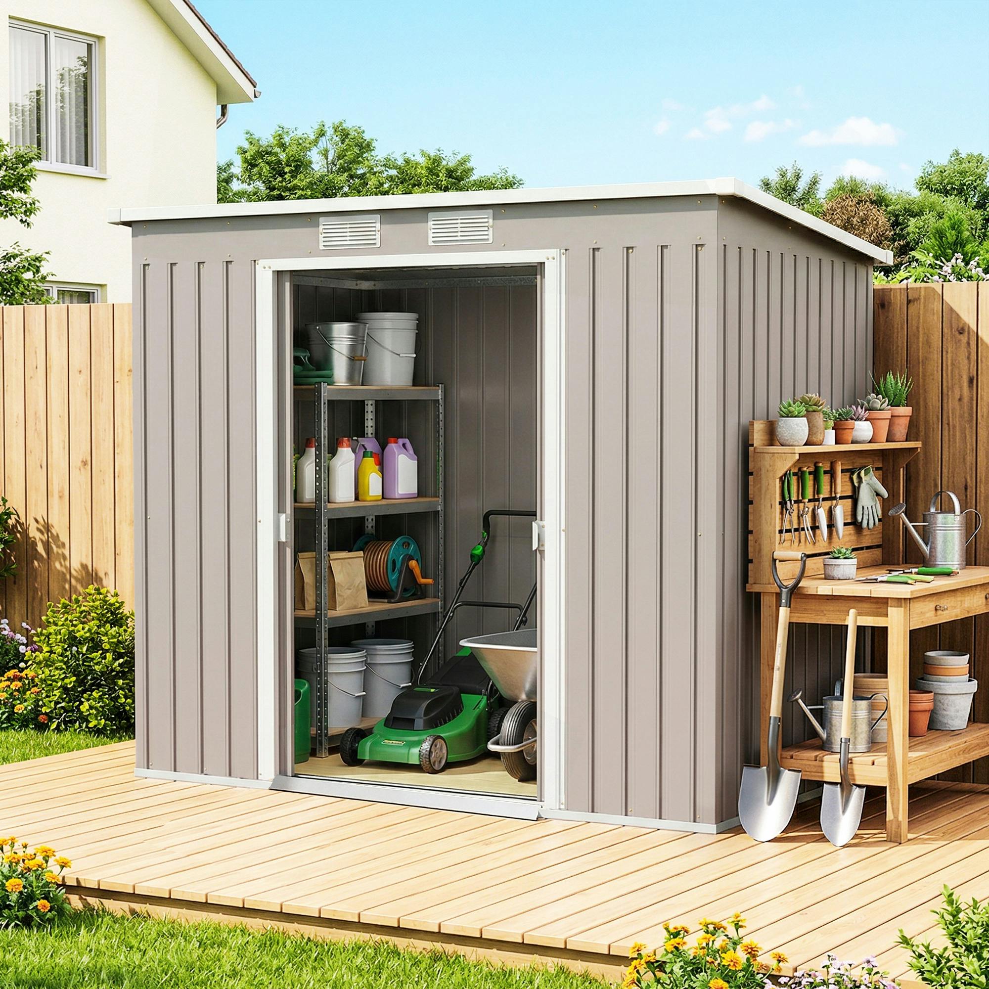 Rackhams Grey 7 X 4Ft Metal Garden Storage Shed W/ Double Door