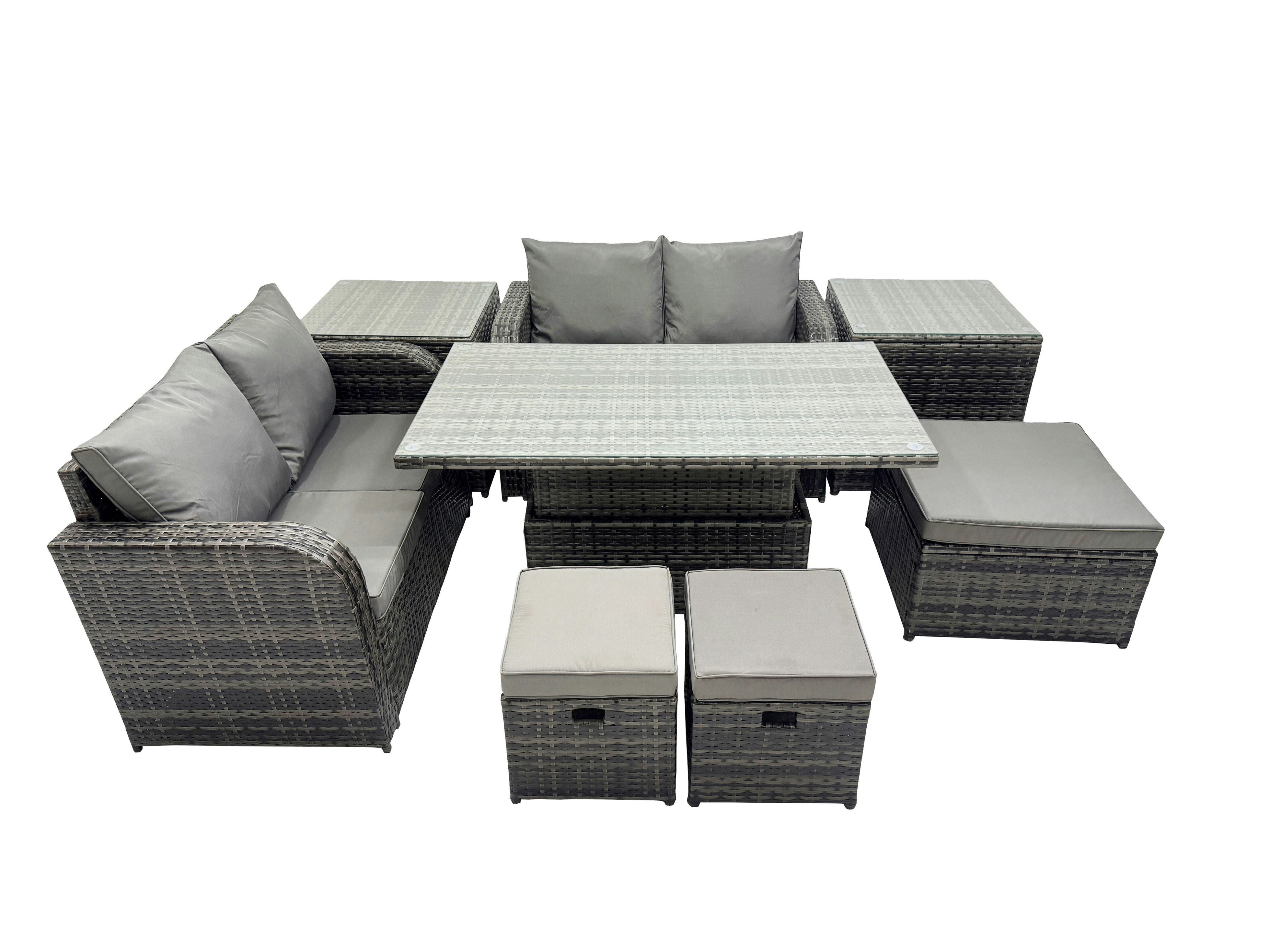 Fimous Dark/Grey 7 Seater Patio Height Adjustable Rising Lifting Table Sofa Sets Rattan Garden Furniture Dining Set With 2 Side Table 3 Stools Mixed