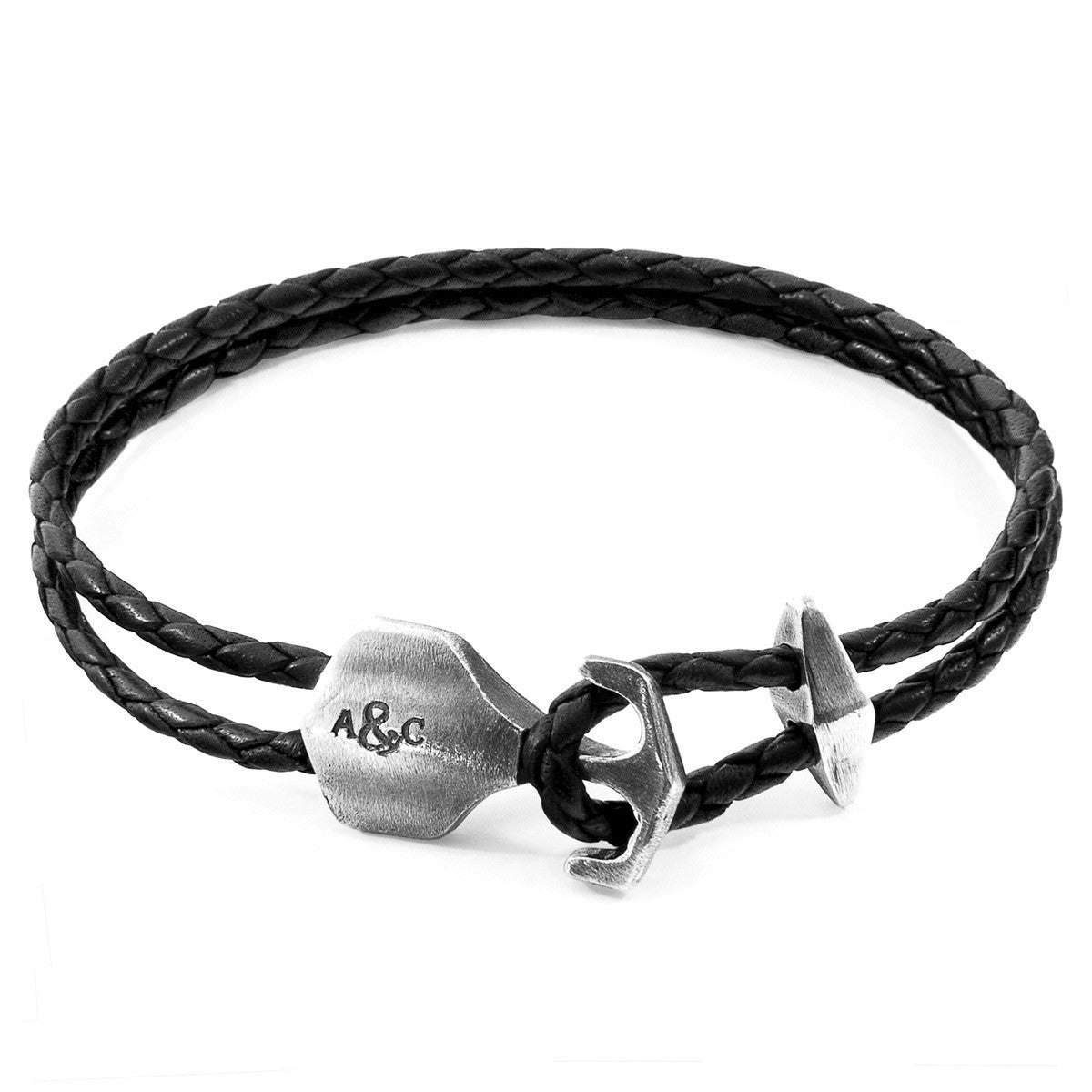 Anchor & Crew Coal/Black/Silver Delta Anchor And Braided Leather Bracelet - M - 21Cm (Most Popular)