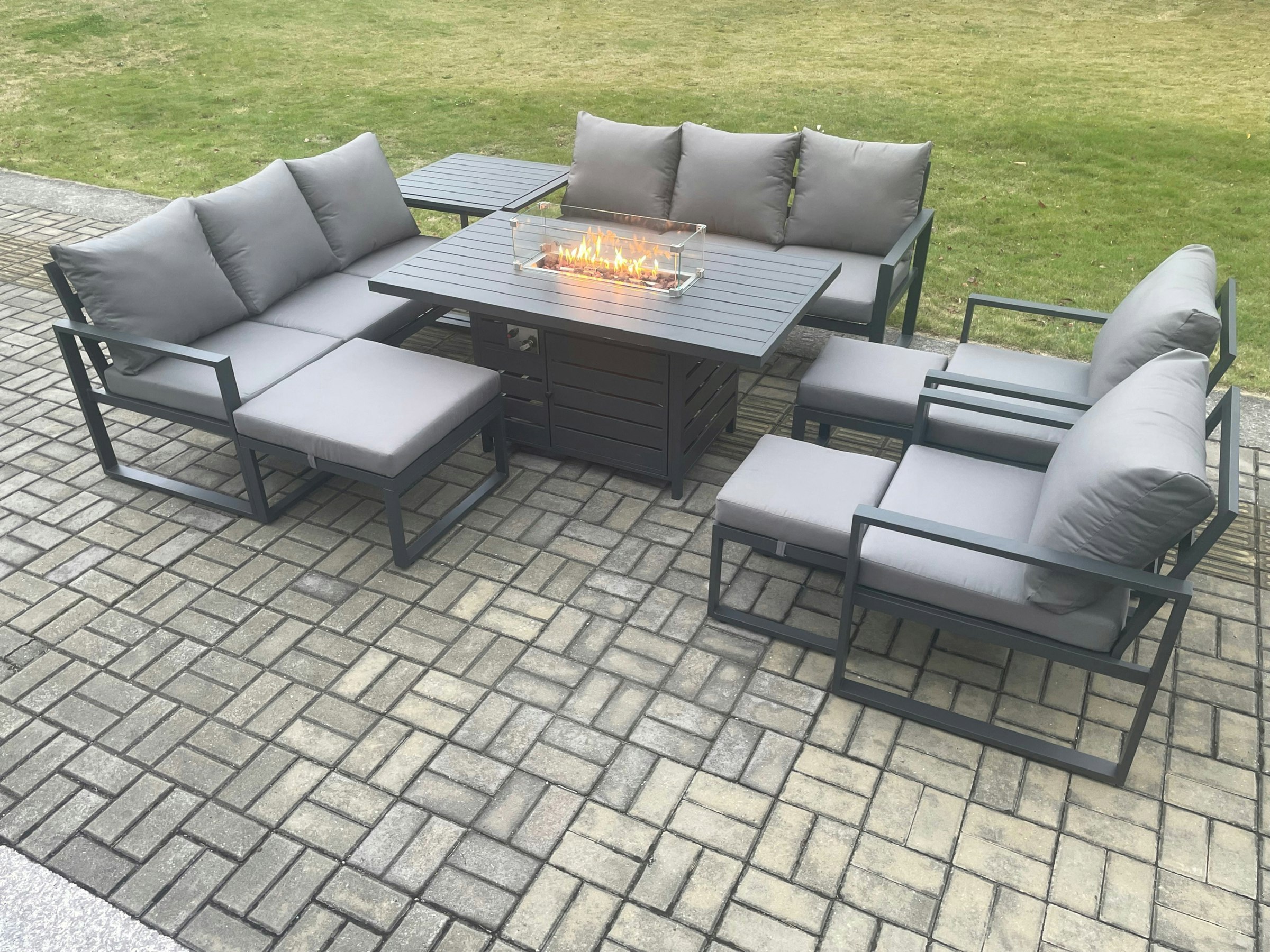 Rackhams Dark/Grey Aluminium Outdoor Garden Furniture Set Patio Lounge Sofa Gas Fire Pit Dining Table Set With 3 Footstools Side Table