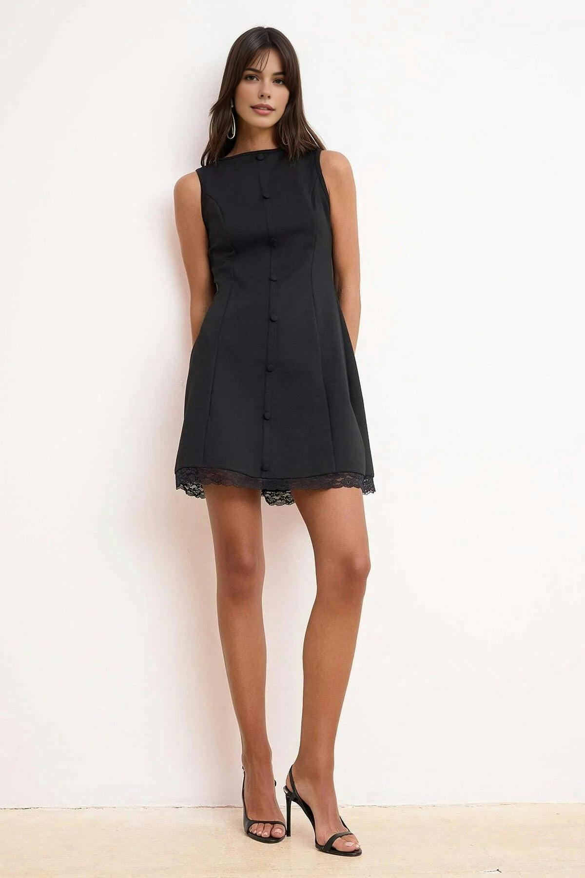Wovcor Black Boat Neck Mini Knit Dress - L