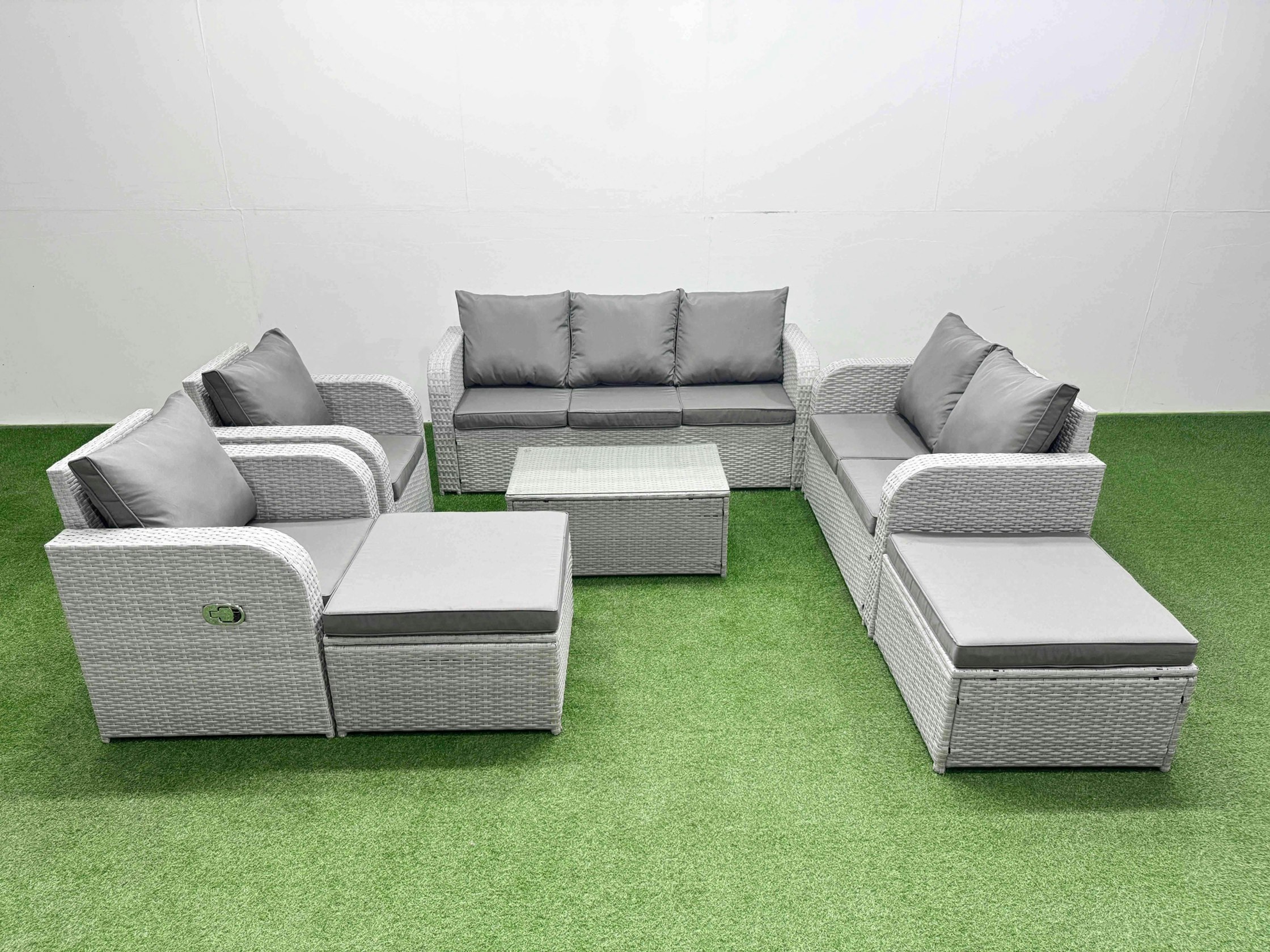 Fimous Light/Grey Pe Rattan Garden Furniture Set Adjustable Chair Sofa Double Love Seat 2 Seater Sofa Lounge Set Oblong Coffee Table 2 Big Footstool