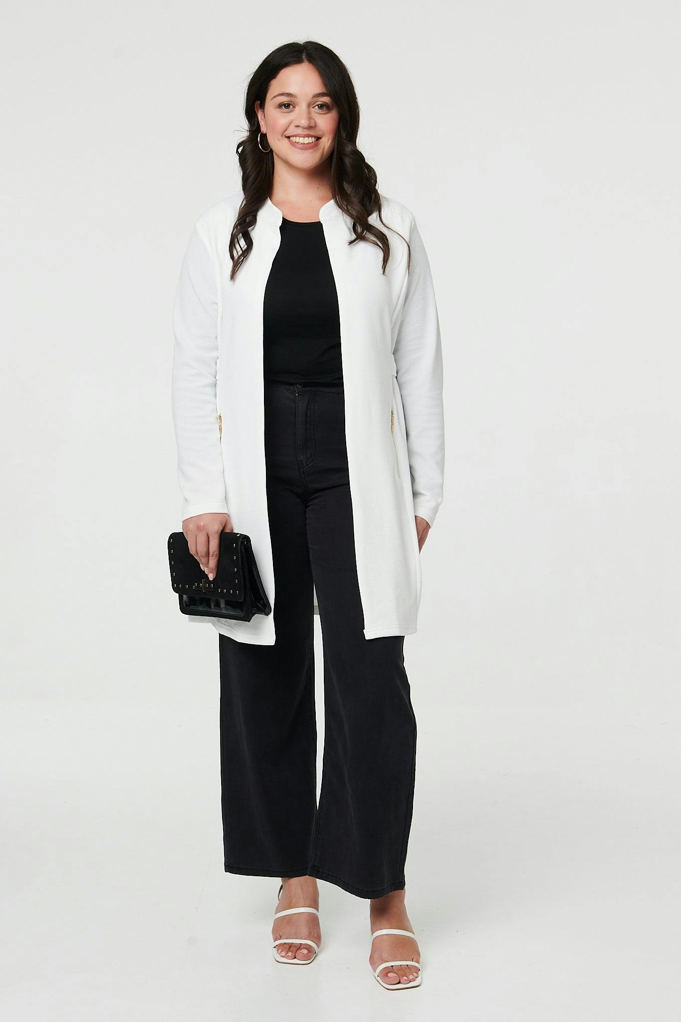 Izabel London White Curve Open Front Longline Knit Jacket - 24