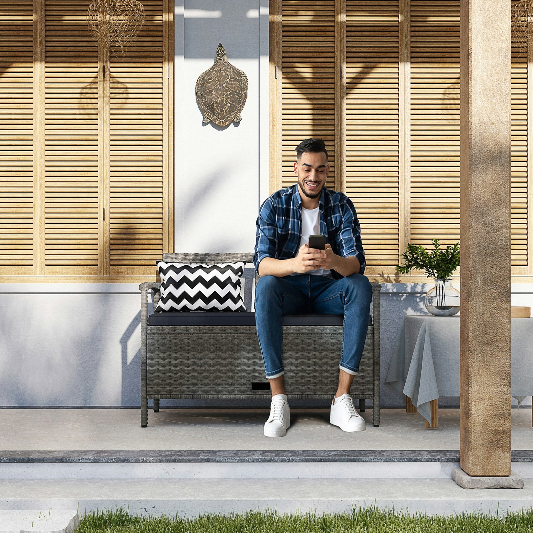 Rackhams Grey 160L Rattan Garden Storage Bench, Cushioned Outdoor Bench,