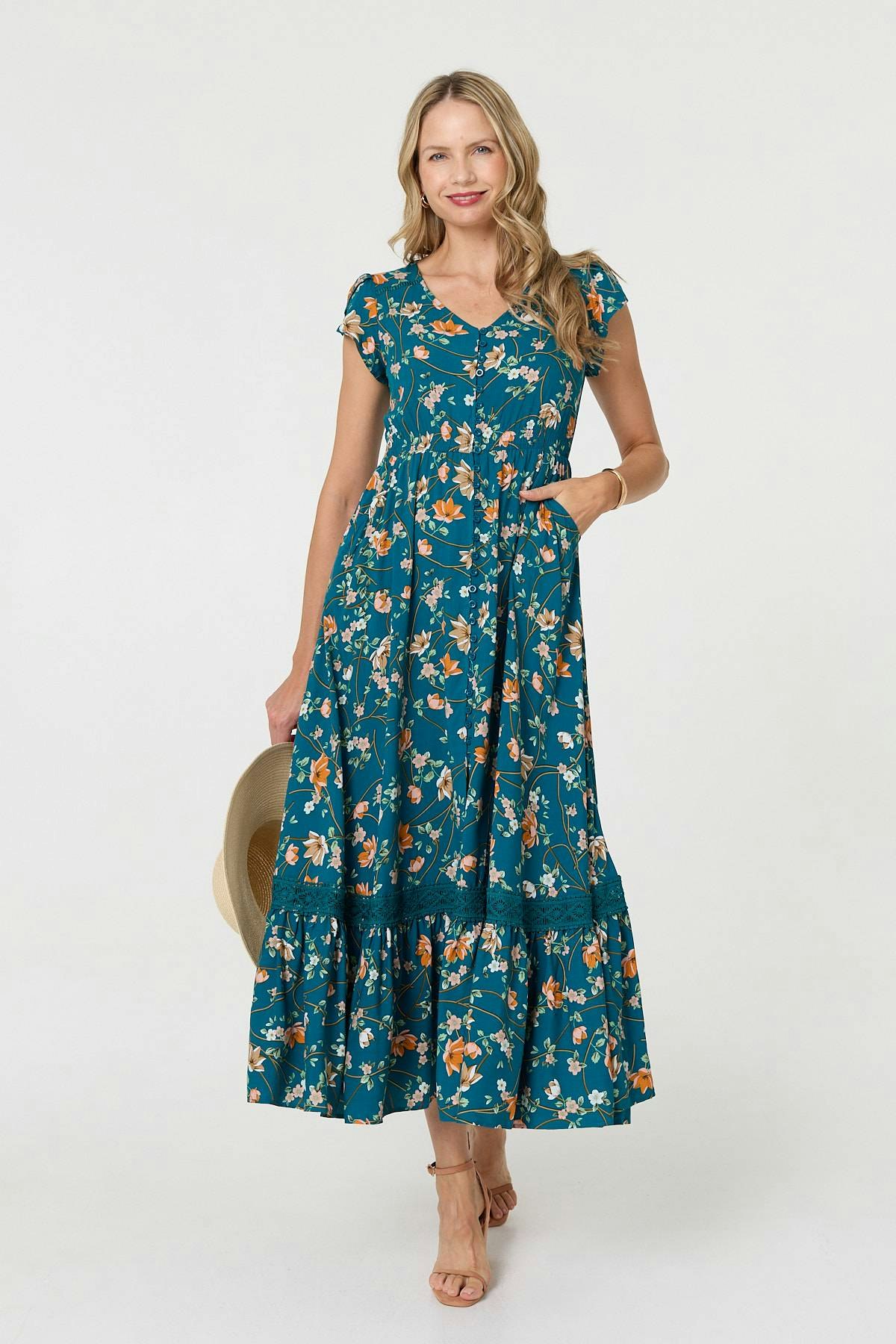 Izabel London Floral Cap Sleeve Lace Trim Maxi Dress - 12 - Teal