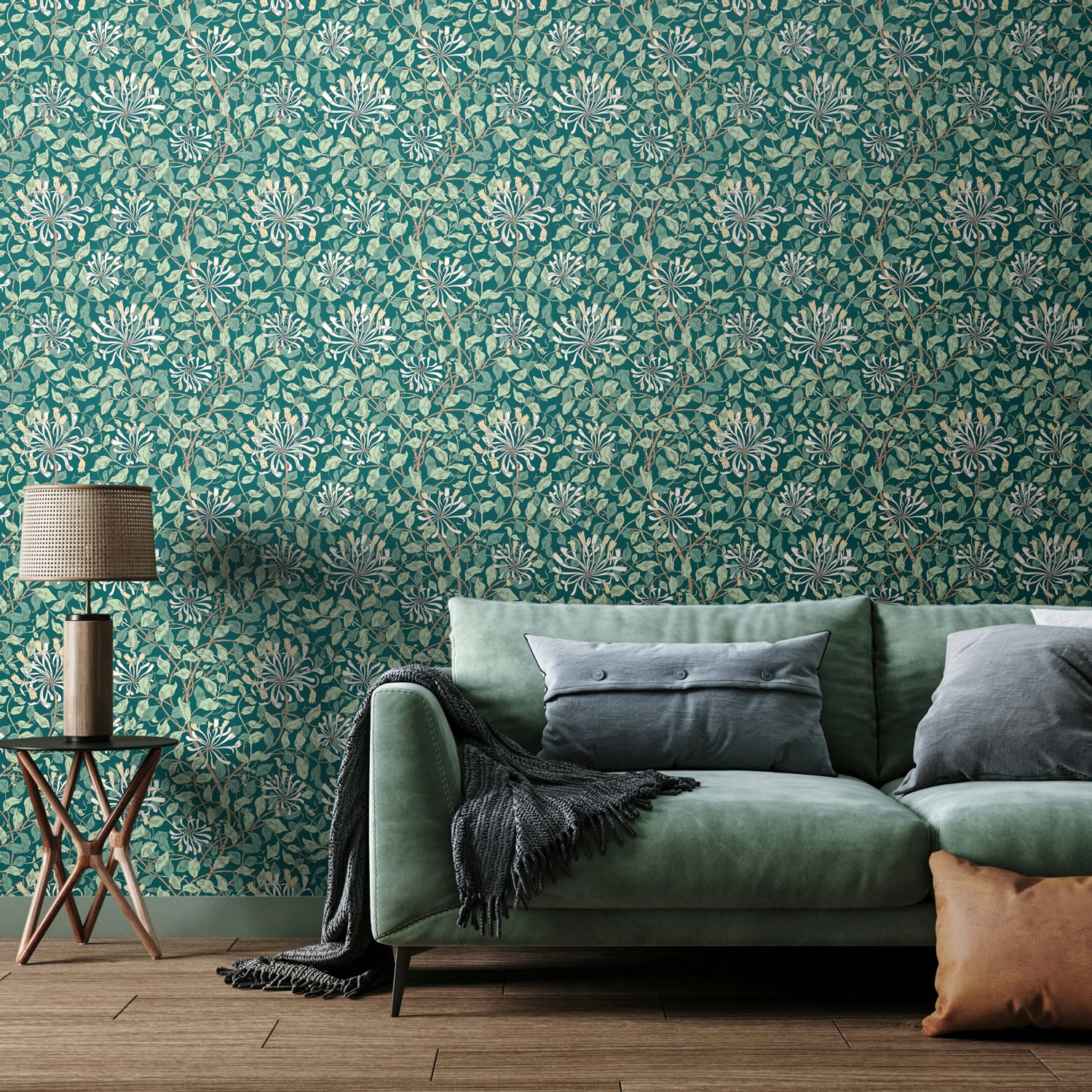 Rackhams Dark Honeysuckle Leaf Trail - Jade 10M Wallpaper - Jade