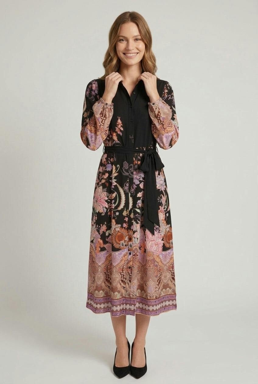 Izabel London Black Printed Long Sleeve Tie Shirt Midi Dress - 10
