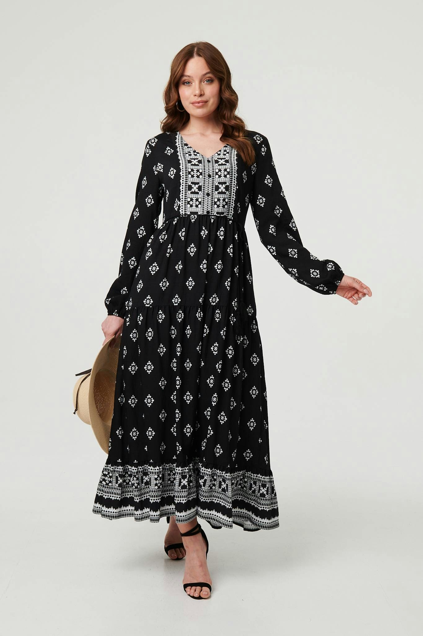 Izabel London Black Printed Long Sleeve Smocked Maxi Dress - 18