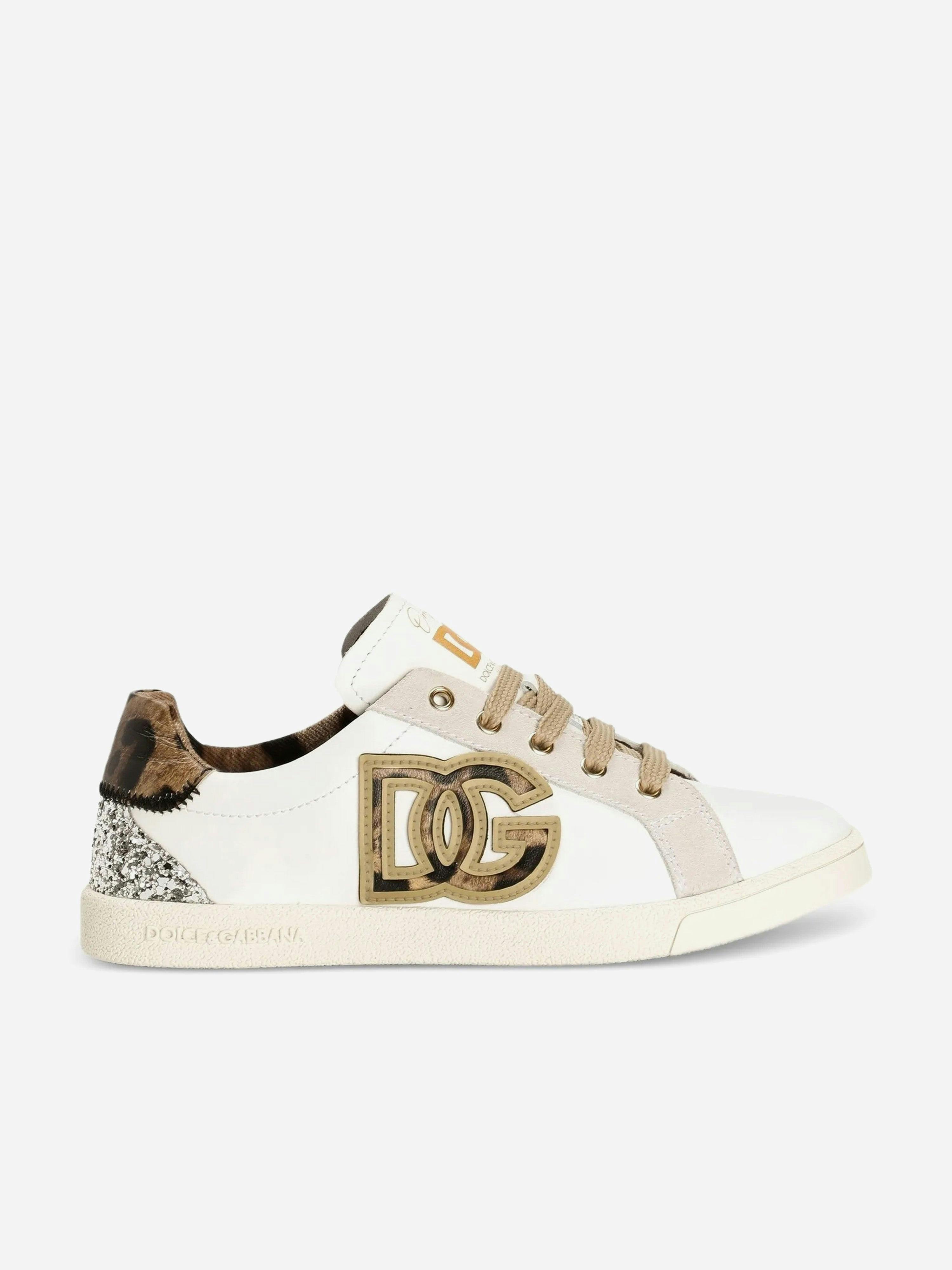Dolce & Gabbana Kids Girls White Dolce & Gabbana Leather Leopard Dg Trainers In - Eu 31 Uk 12.5