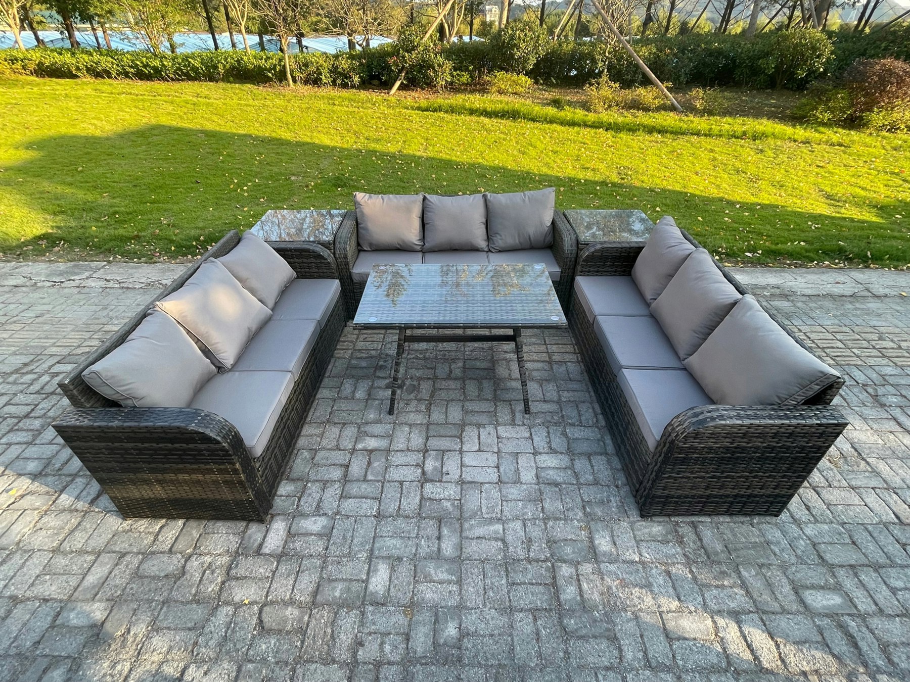 Fimous Dark/Grey 9 Seater Wicker Rattan Garden Furniture Set With Rectangular Dining Table 2 Side Tables Patio Outdoor Lounge Sofa Set