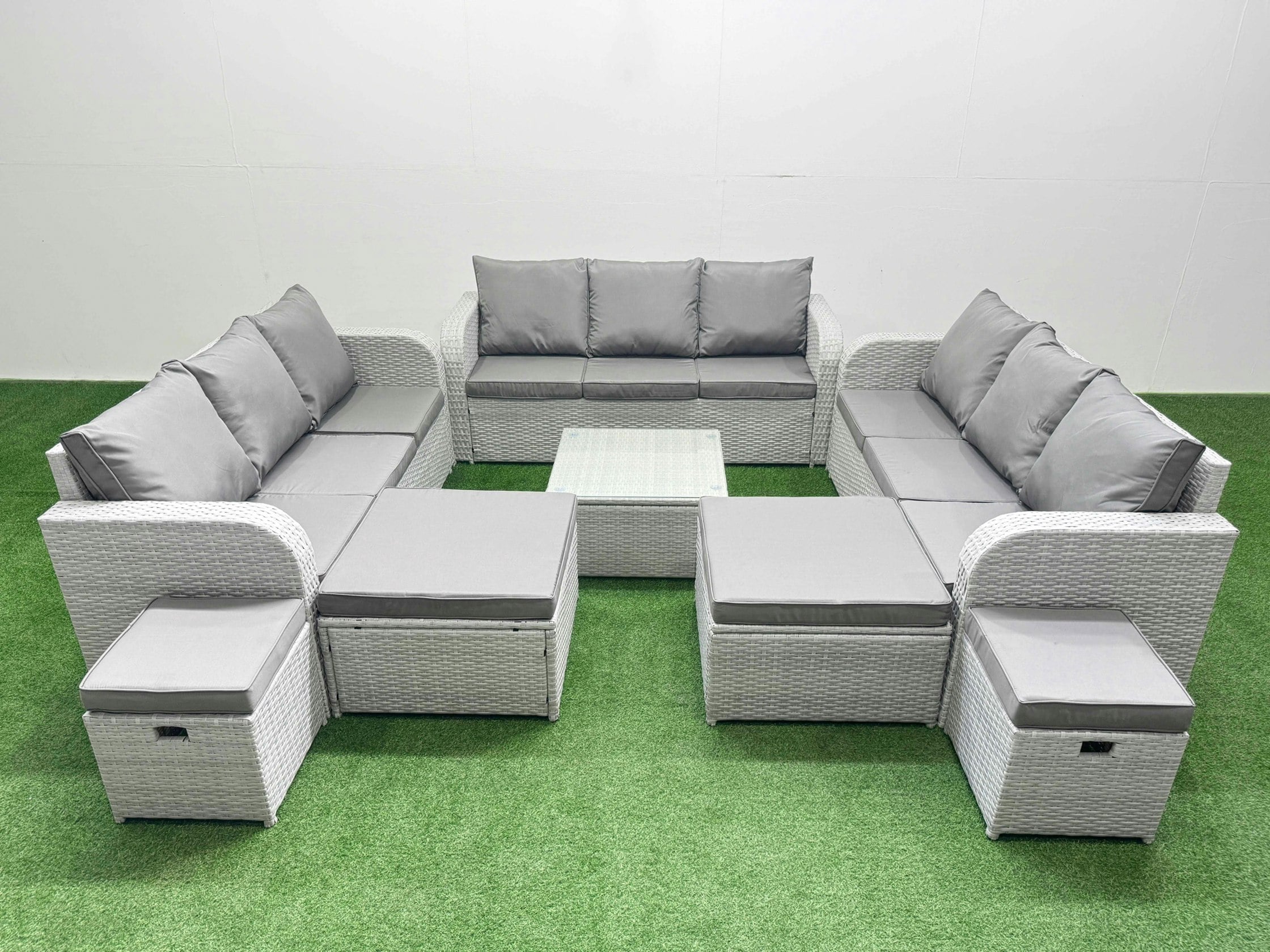 Rackhams Light/Grey 13 Seater Outdoor Garden Furniture Set Pe Rattan Lounge Sofa Set With Coffee Table 3 Seater Sofa 4 Footstools