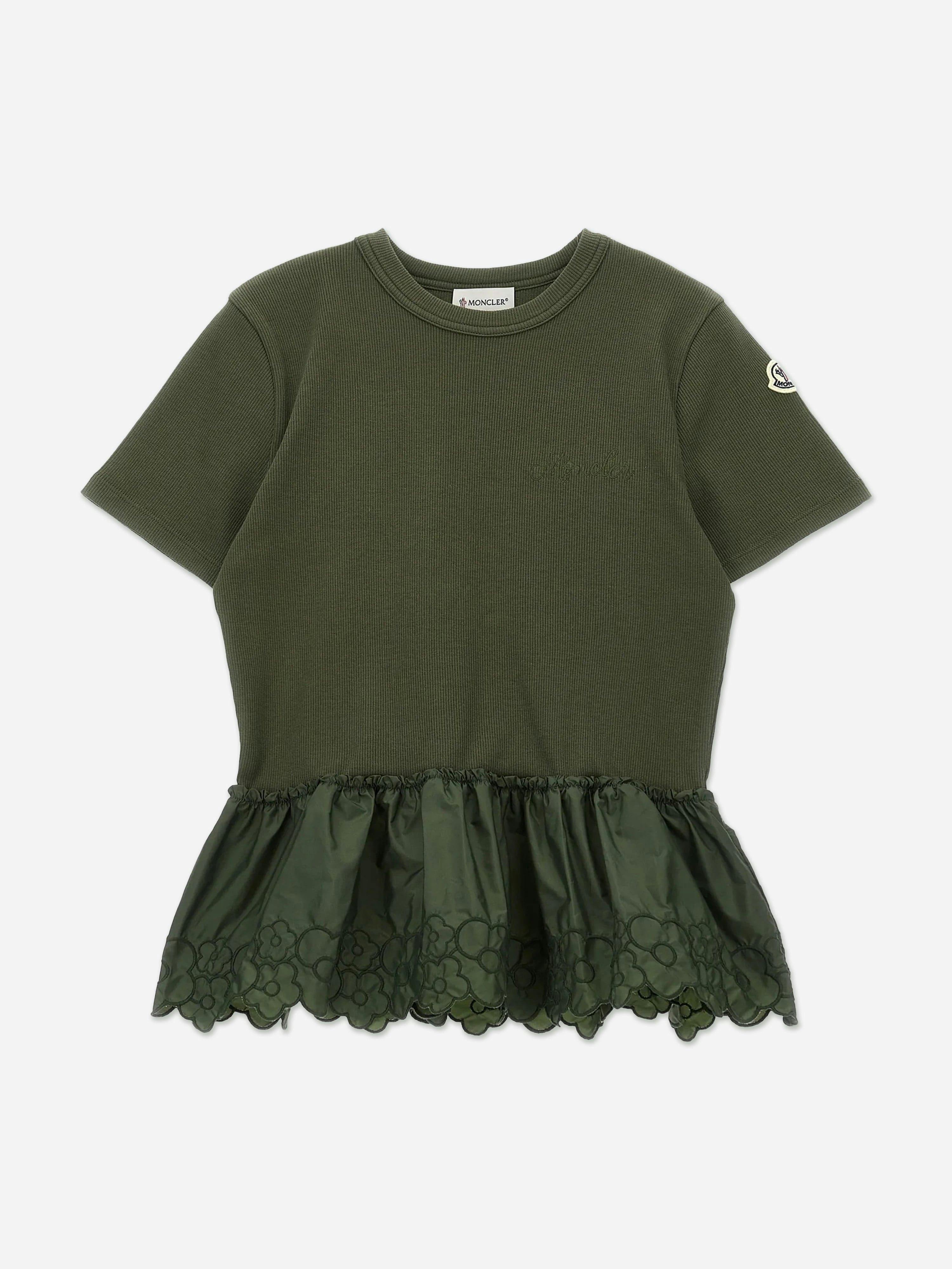 Moncler Enfant Girls Green Embroidered Flower T-Shirt In - 8 Yrs