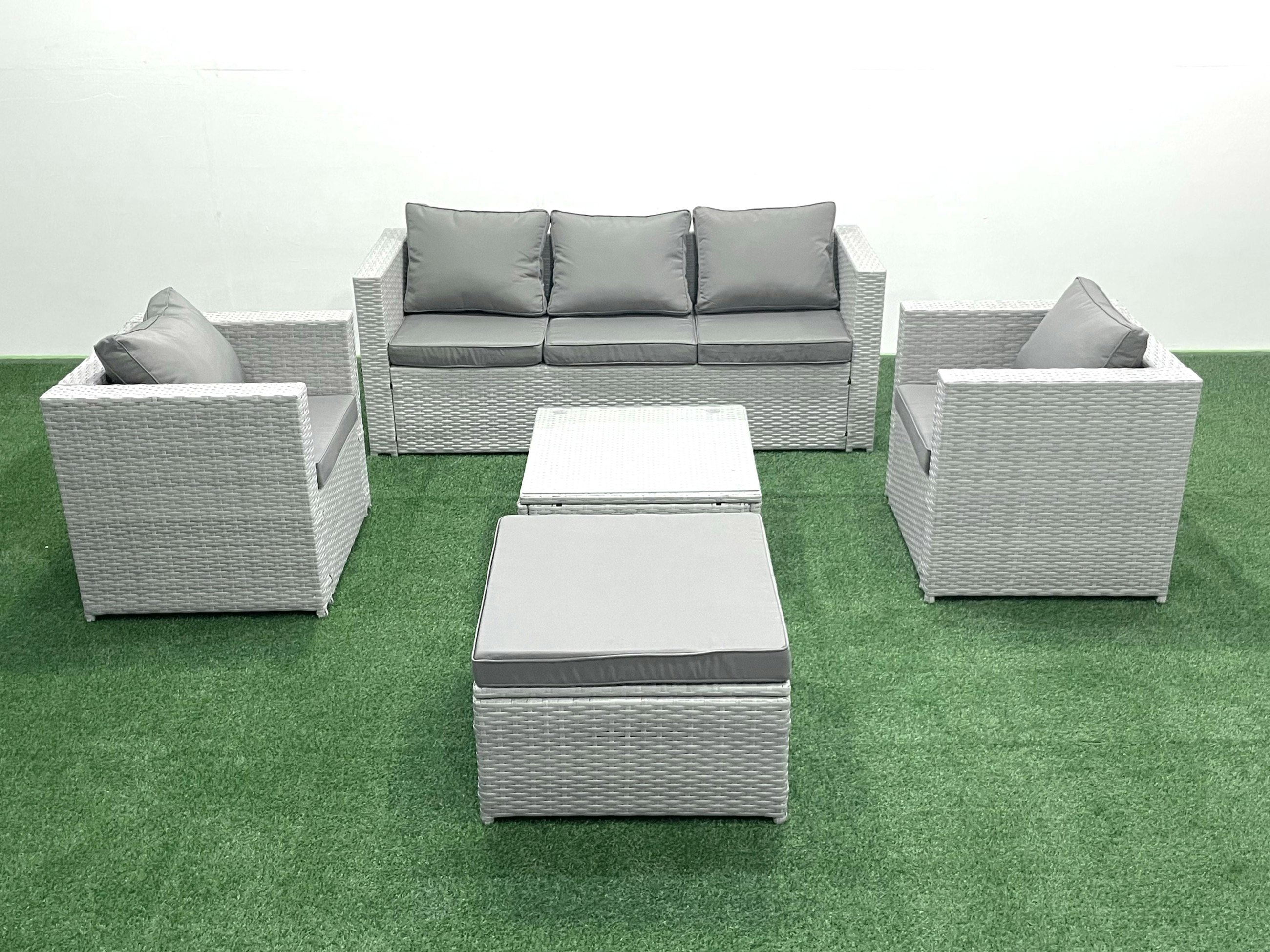 Fimous Light/Grey 6 Seater Rattan Garden Furniture Set With 3 Seater Sofa 2 Chair Square Coffee Table Big Footstool Mixed