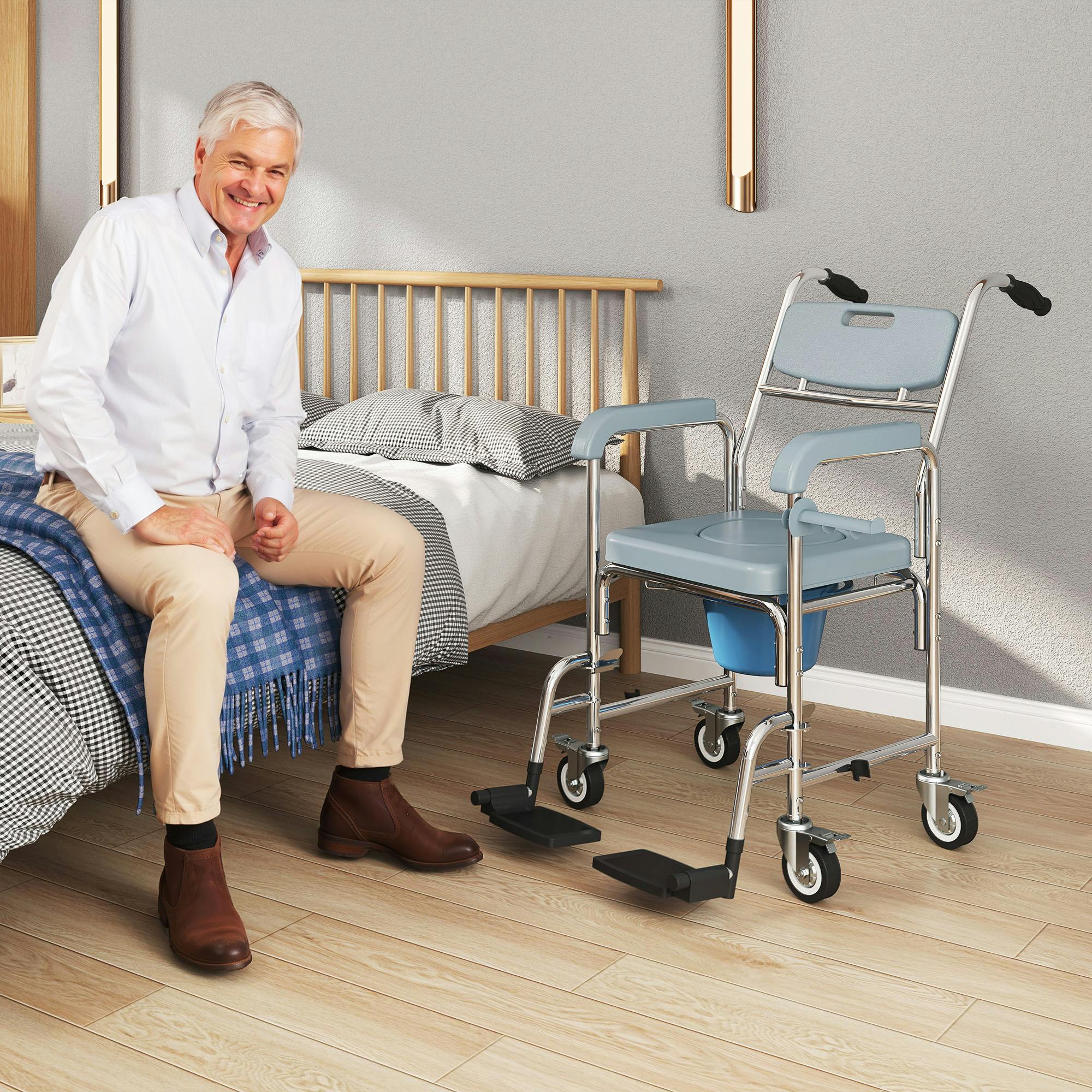 Homcom Unisex Grey 4 In 1 Shower Chair With Wheels, Bedside Commode Wheelchair, 4In - Image 4