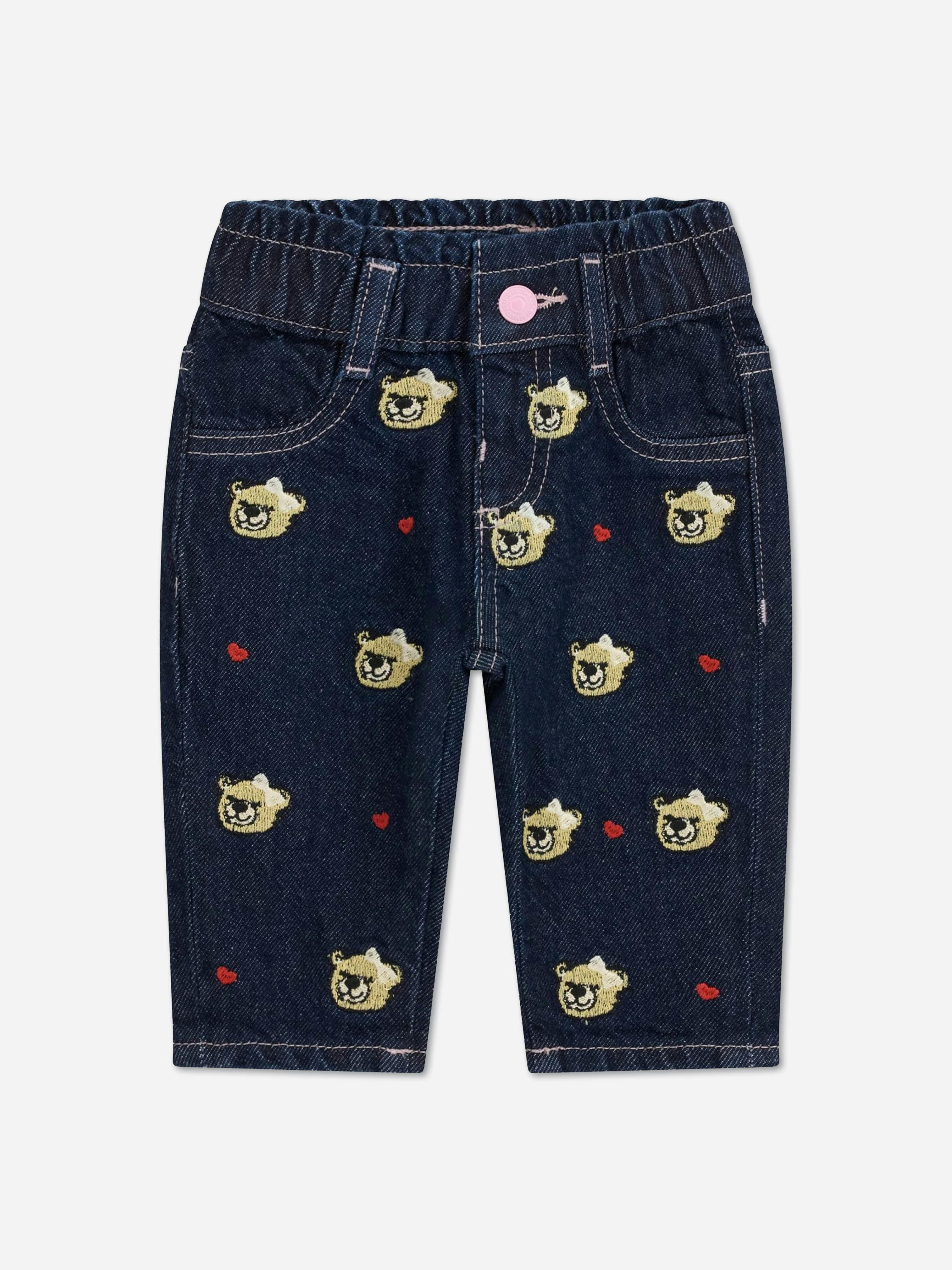 Guess Girls Blue Embroidered Bear Mom Fit Jeans In - 5 Yrs