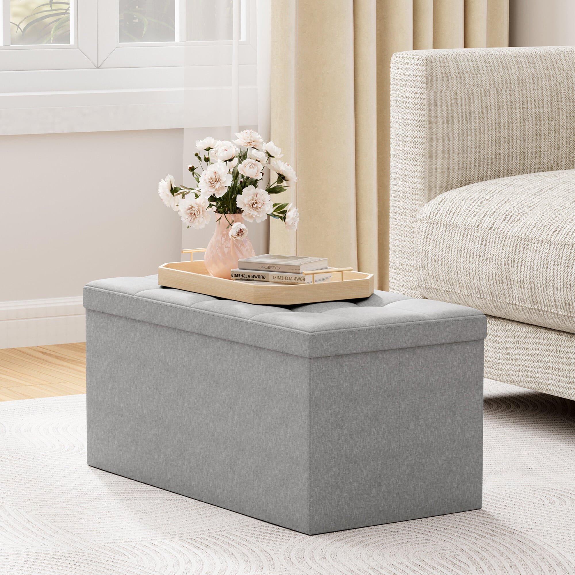 Mcc Foldable Storage Ottoman Bench With Lid, Large Storage Chest, Space Saving Seating & Storage Solution, 76 × 38 × 38 Cm Light Grey - Image 4