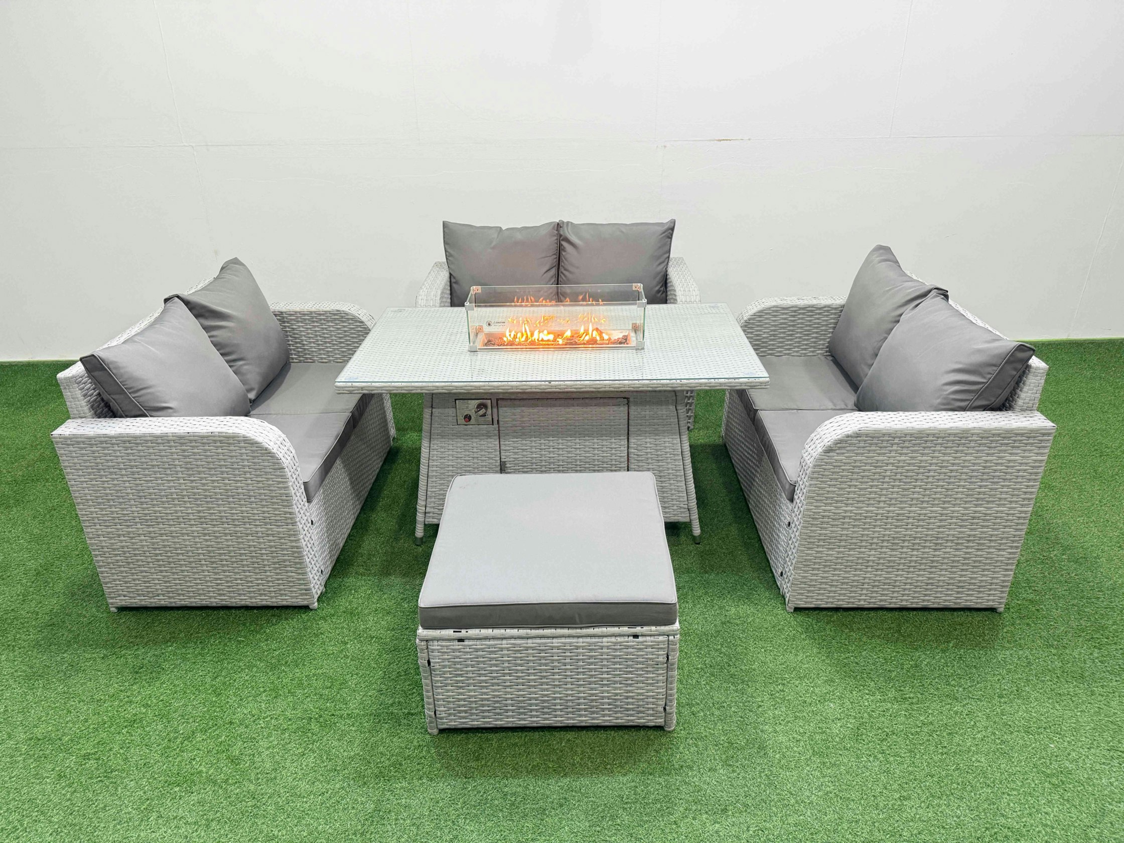 Rackhams Light/Grey 7 Seater Pe Wicker Rattan Furniture Sofa Sets With Fire Pit Dining Table 2 Seater Love Sofa Big Footstool