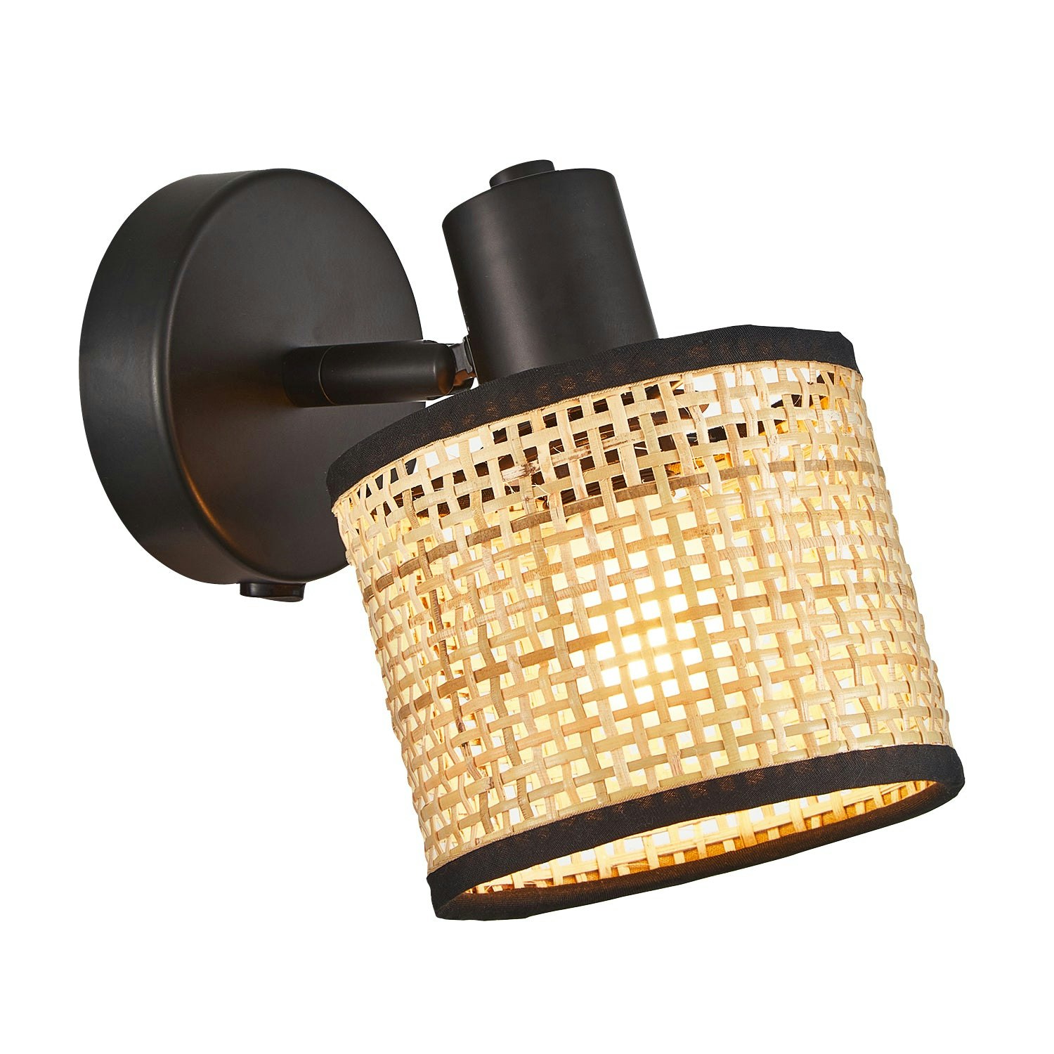 Rackhams Light/Black Natural Woven Rattan Switched Wall Fitting With Cotton Fabric Trim 17Cm