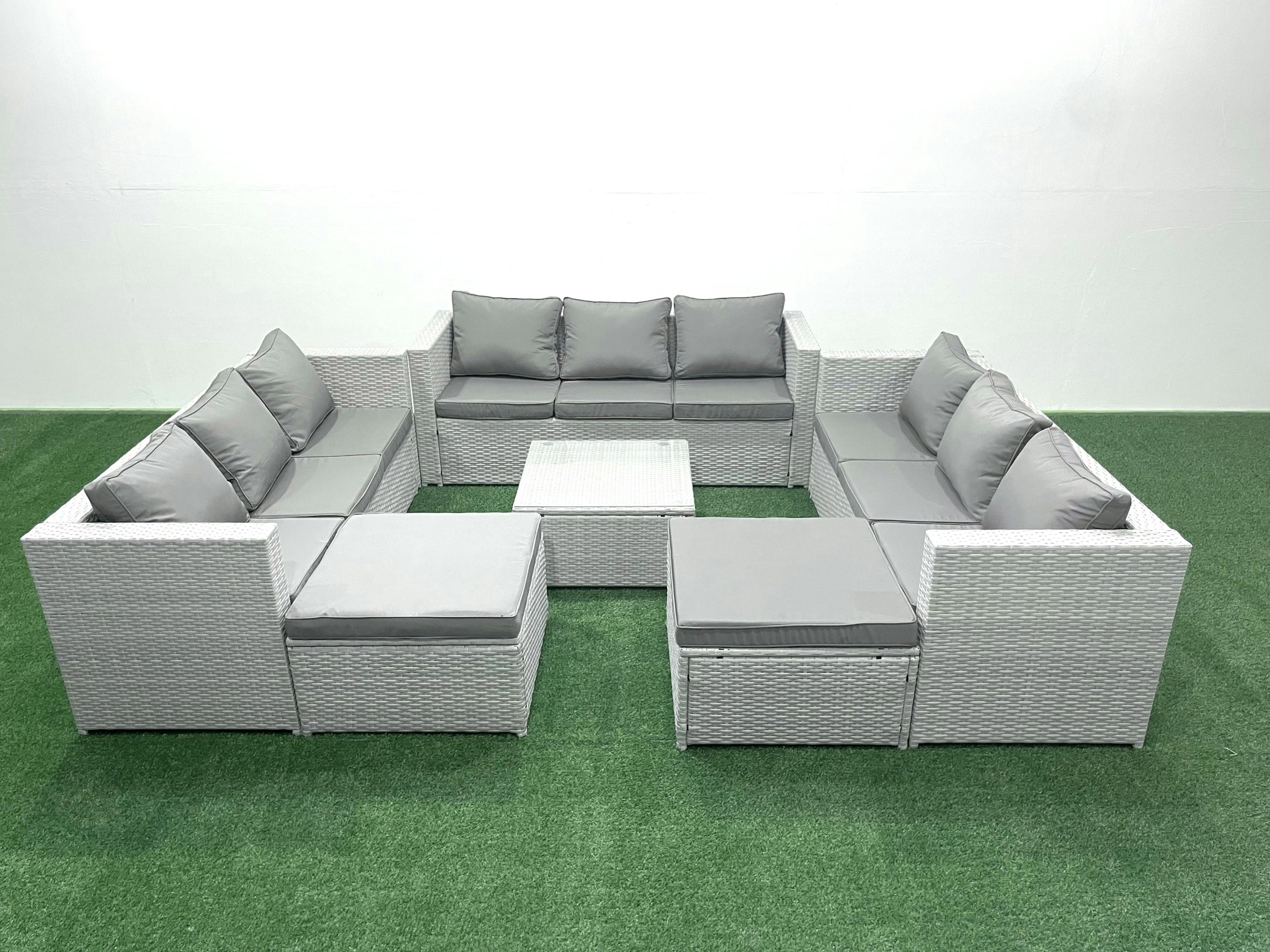 Rackhams Light/Grey Rattan Garden Outdoor Furniture Set 11 Seater Rattan Garden Sofa Set With 2 Big Footstools Mixed