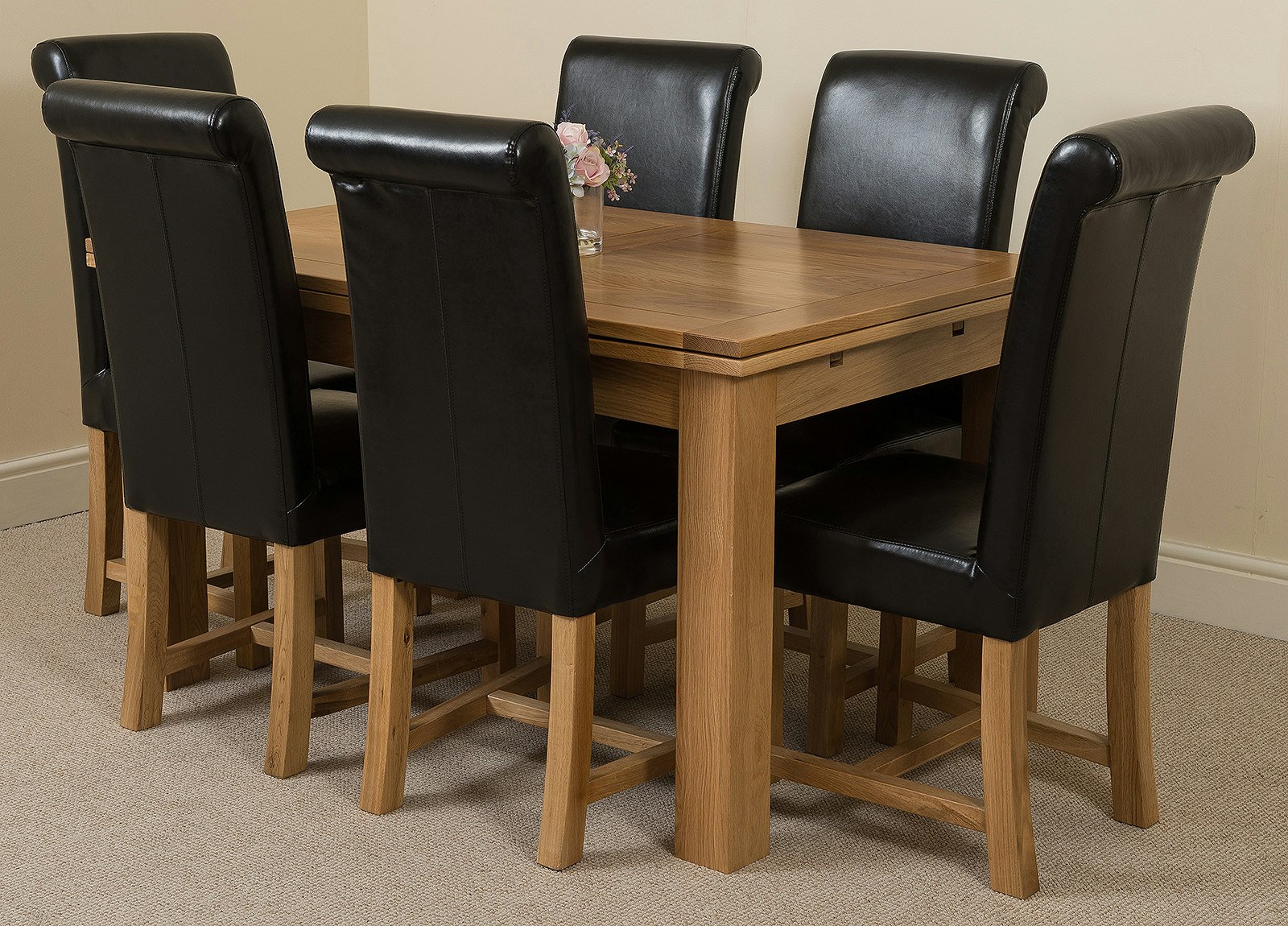 That's Furniture Black Richmond Medium Oak Extendable Dining Table With Washington Leather Chairs - 6 Chairs