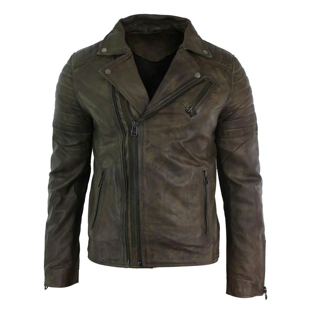 Infinity Leather Men's Brown Leather Company Cross Zip Brando Leather Biker Jacket - 3XL