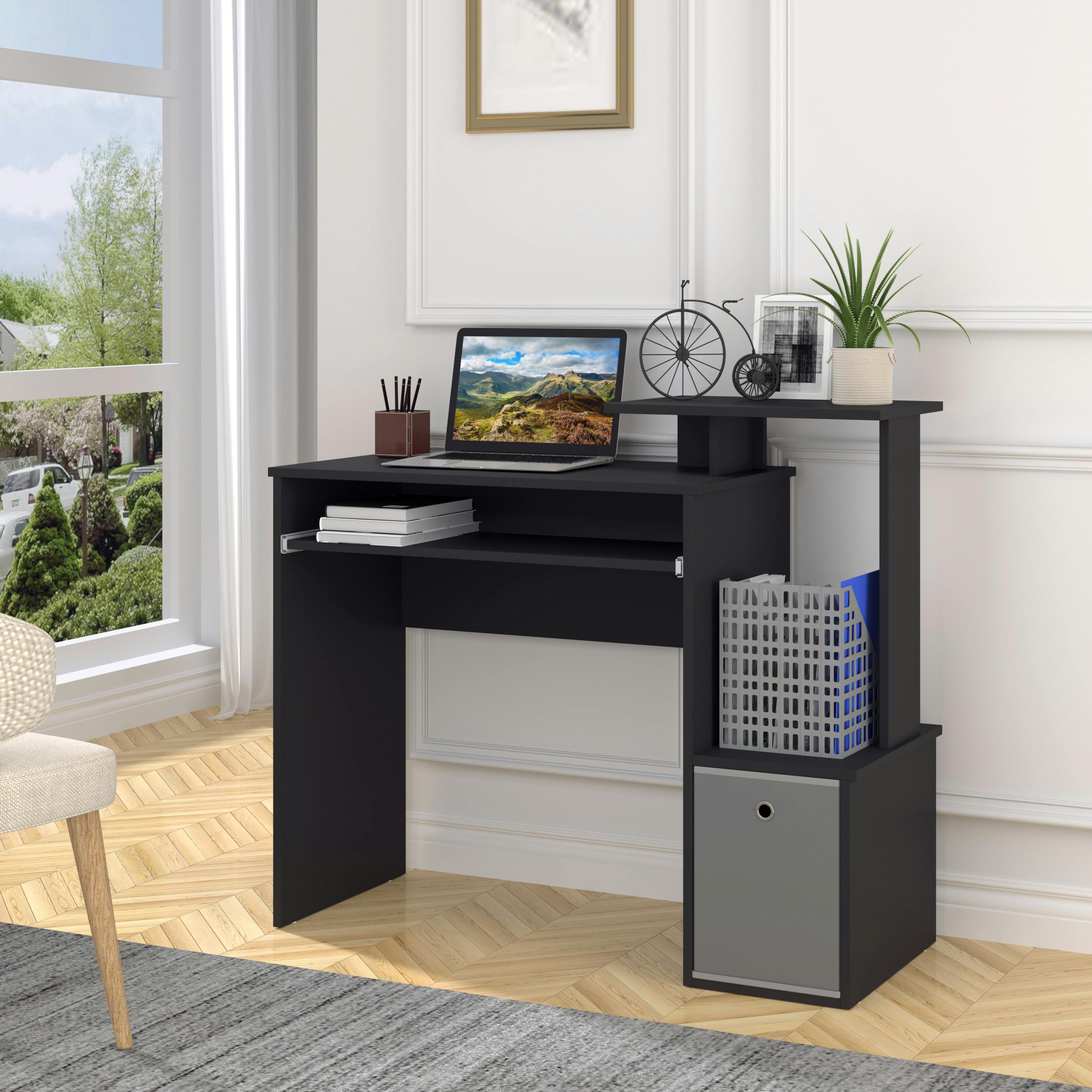 Rackhams Black Computer Desk With Sliding Keyboard Tray Storage Drawer Shelf