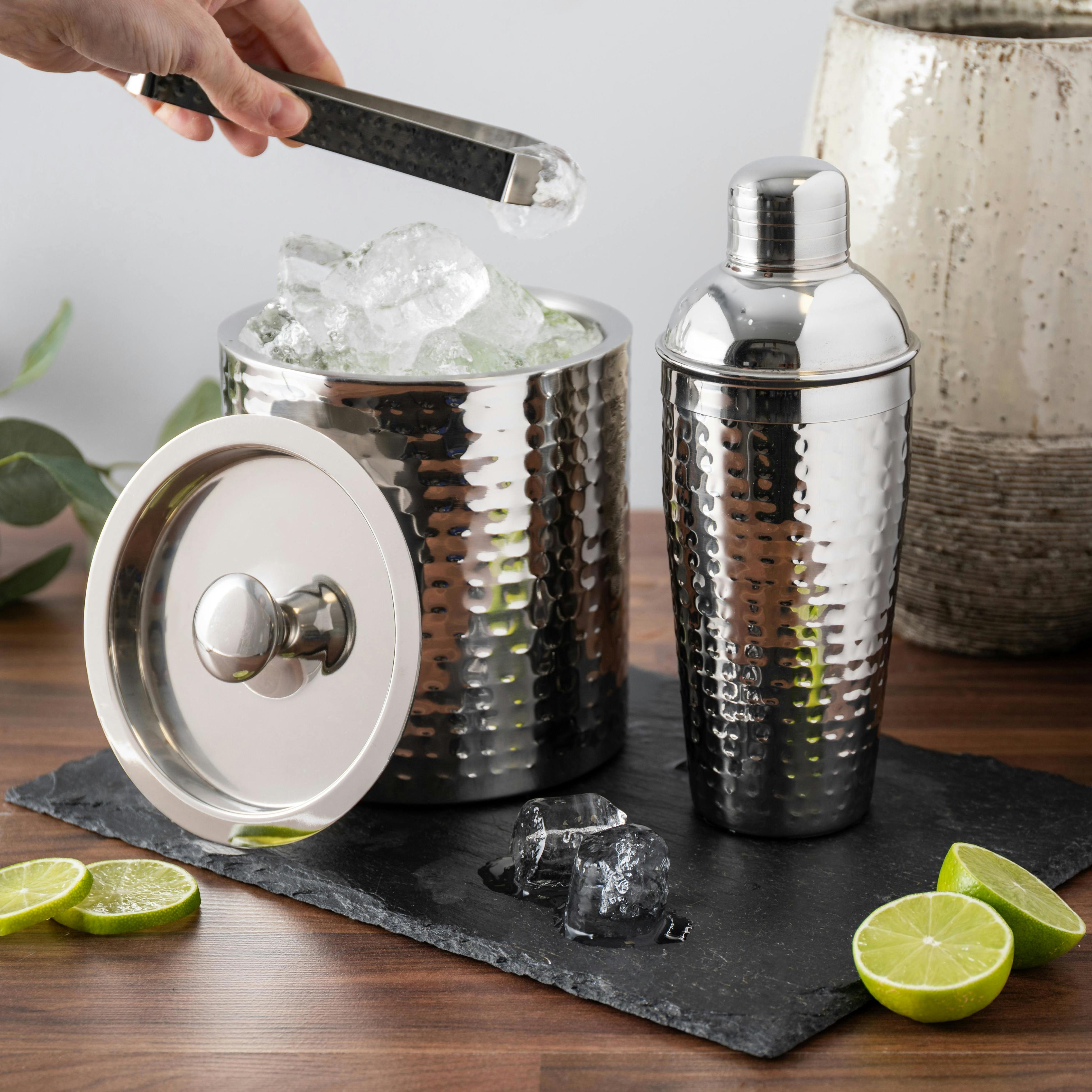 Rackhams Silver Hammered Ice Bucket And Cocktail Shaker Set, Stainless Steel Set For Home And Cocktail Bars - Stainless Steel - Ice Buckets