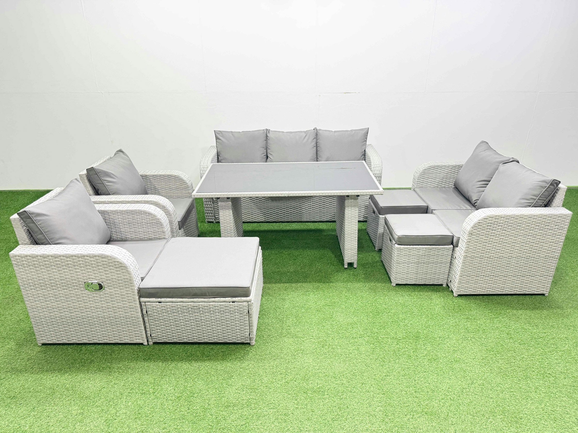 Fimous Light/Grey 10 Seater Garden Furniture Set Pe Rattan Garden Sofa Set With Rectangular Dining Table 3 Stool