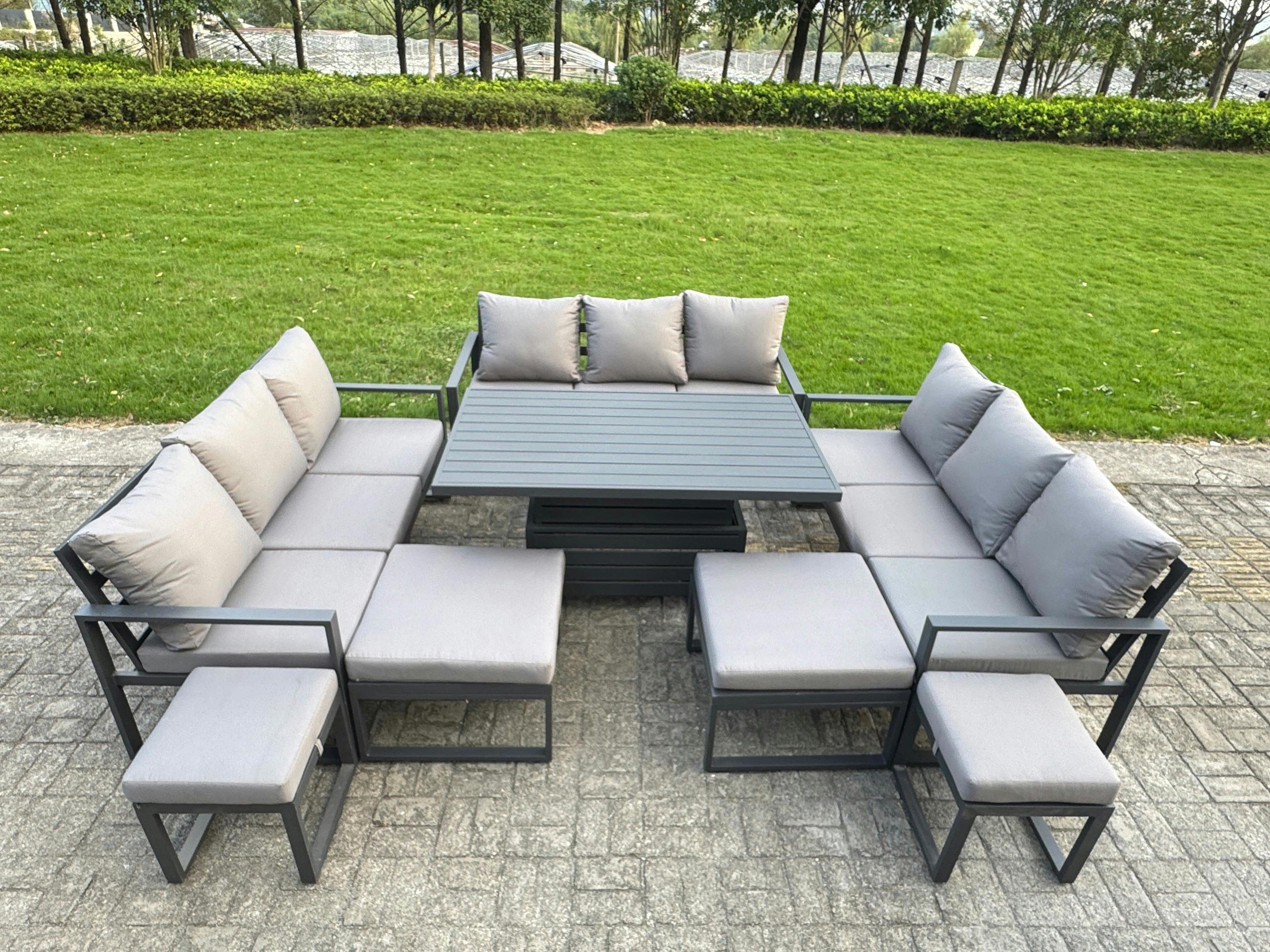 Fimous Grey 13 Seater Aluminum Outdoor Garden Furniture Set With Adjustable Rising Dining Table, 3 Sofas & 4 Footstools