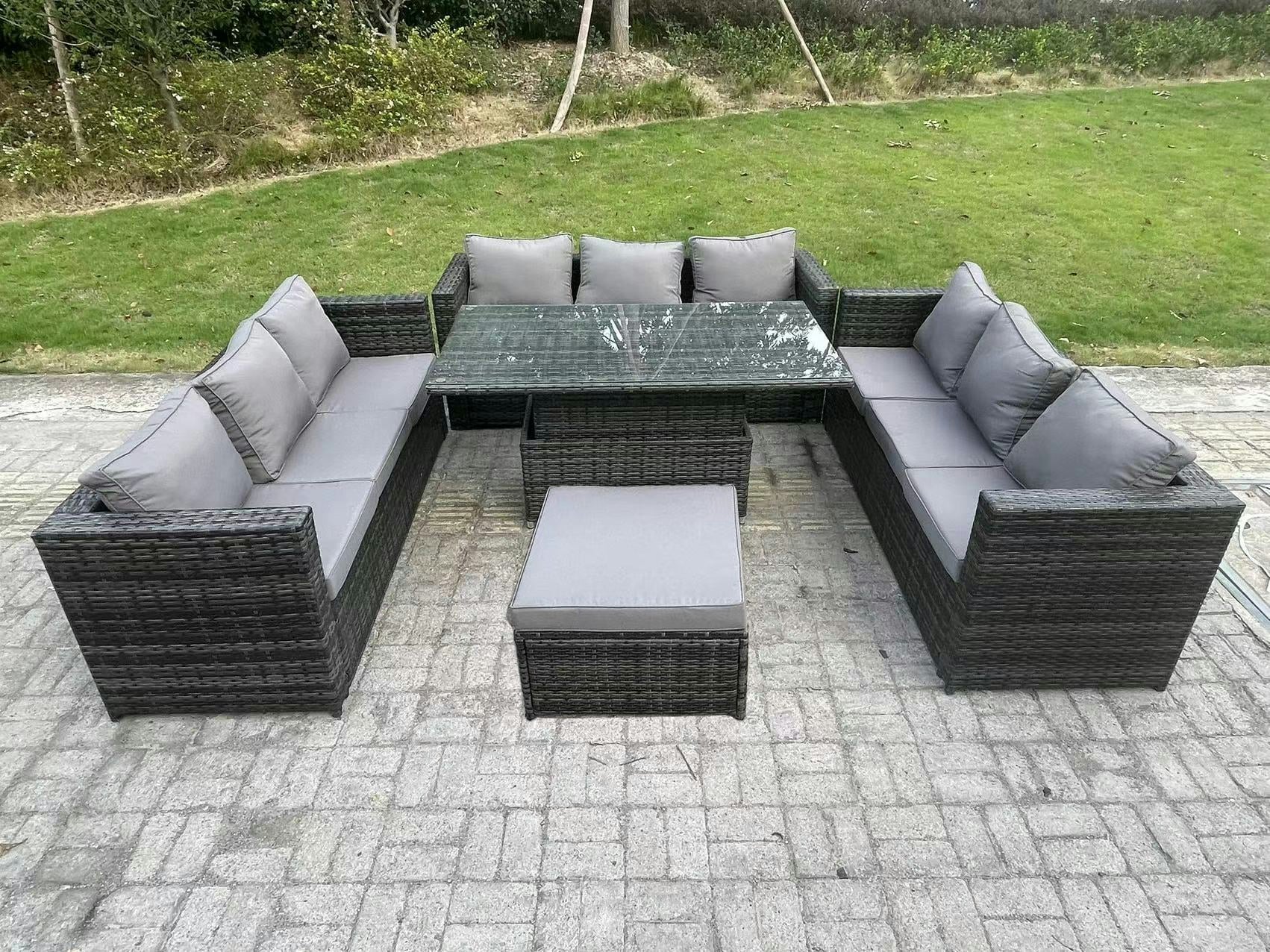 Fimous Dark/Grey 10 Seater Rattan Garden Furniture Sofa Set Outdoor Adjustable Rising Lifting Dining Table Set With Big Footstool Mixed