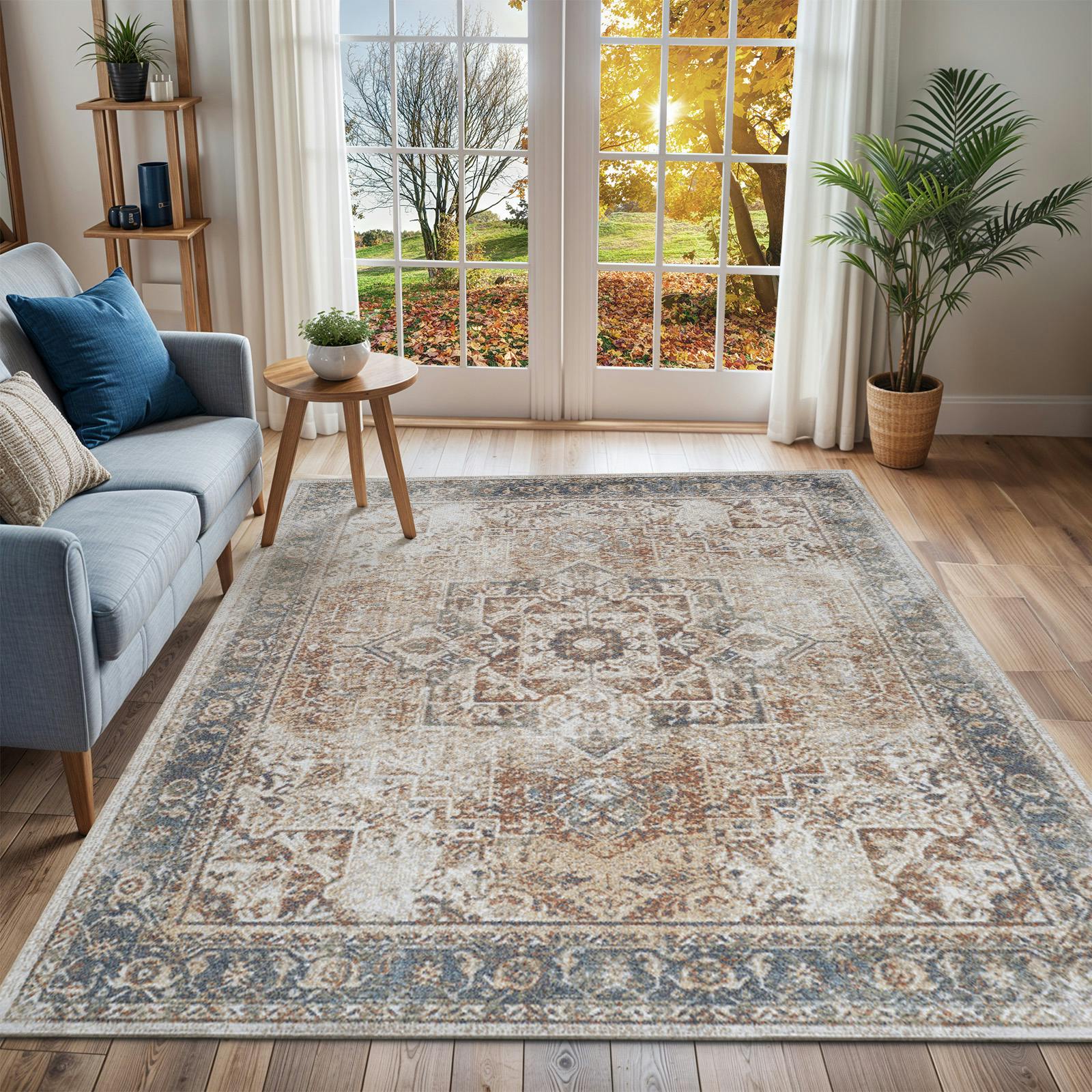 Livabliss Brown/Blue Lillian-Washable Traditional Vintage Boho Rug - 120 X 170 Cm