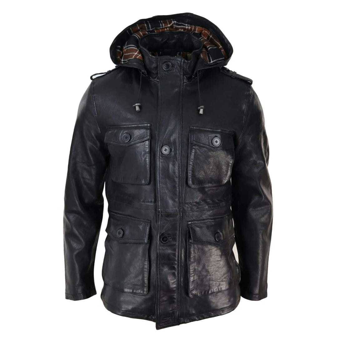 Infinity Leather Men's Black Leather Company 3/4 Long Leather Duffle Jacket Coat Safari Detachable Hood Military - 5XL