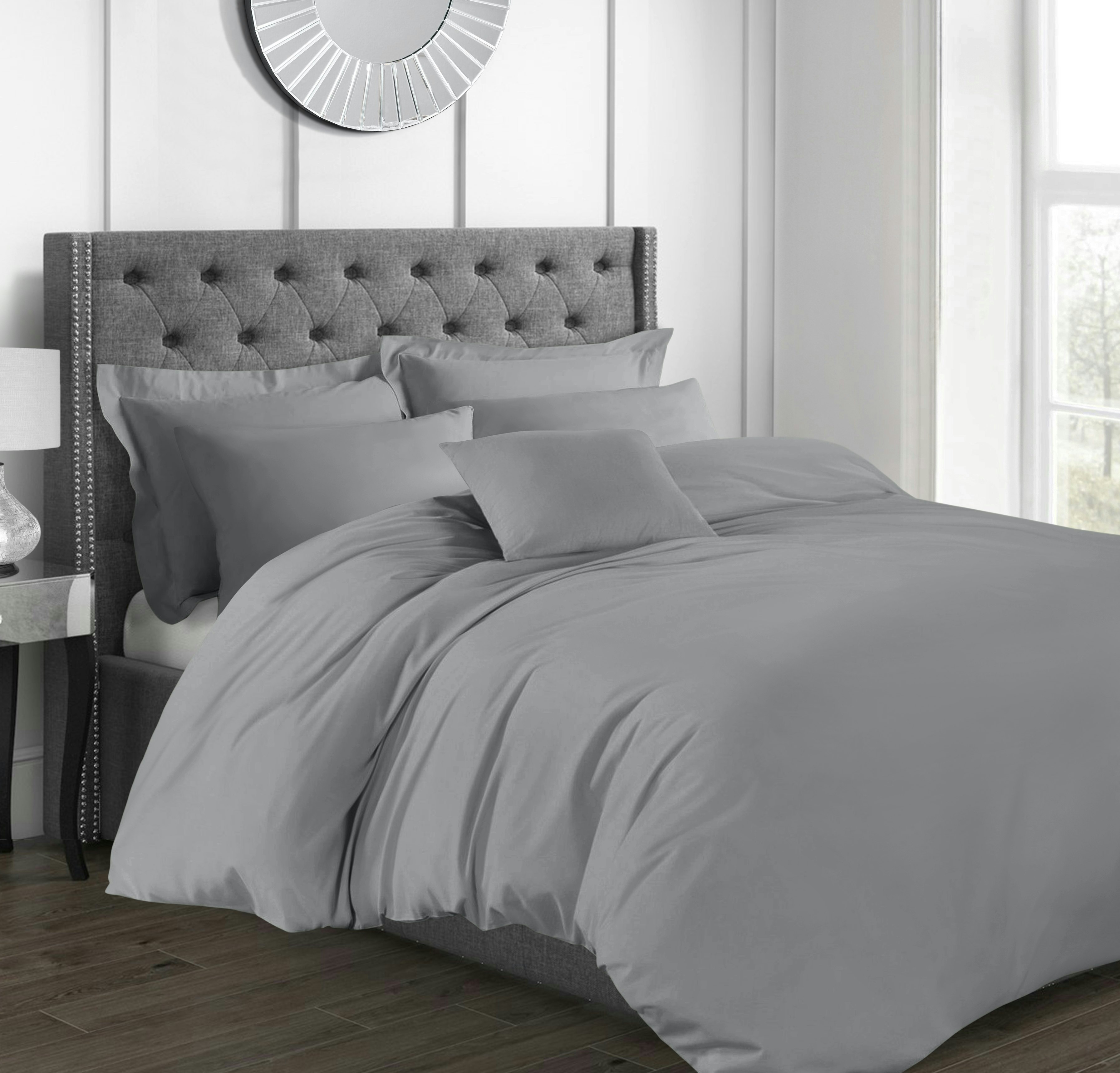 Rackhams Grey T200 Plain Percale Cotton Duvet Cover Set - Super King