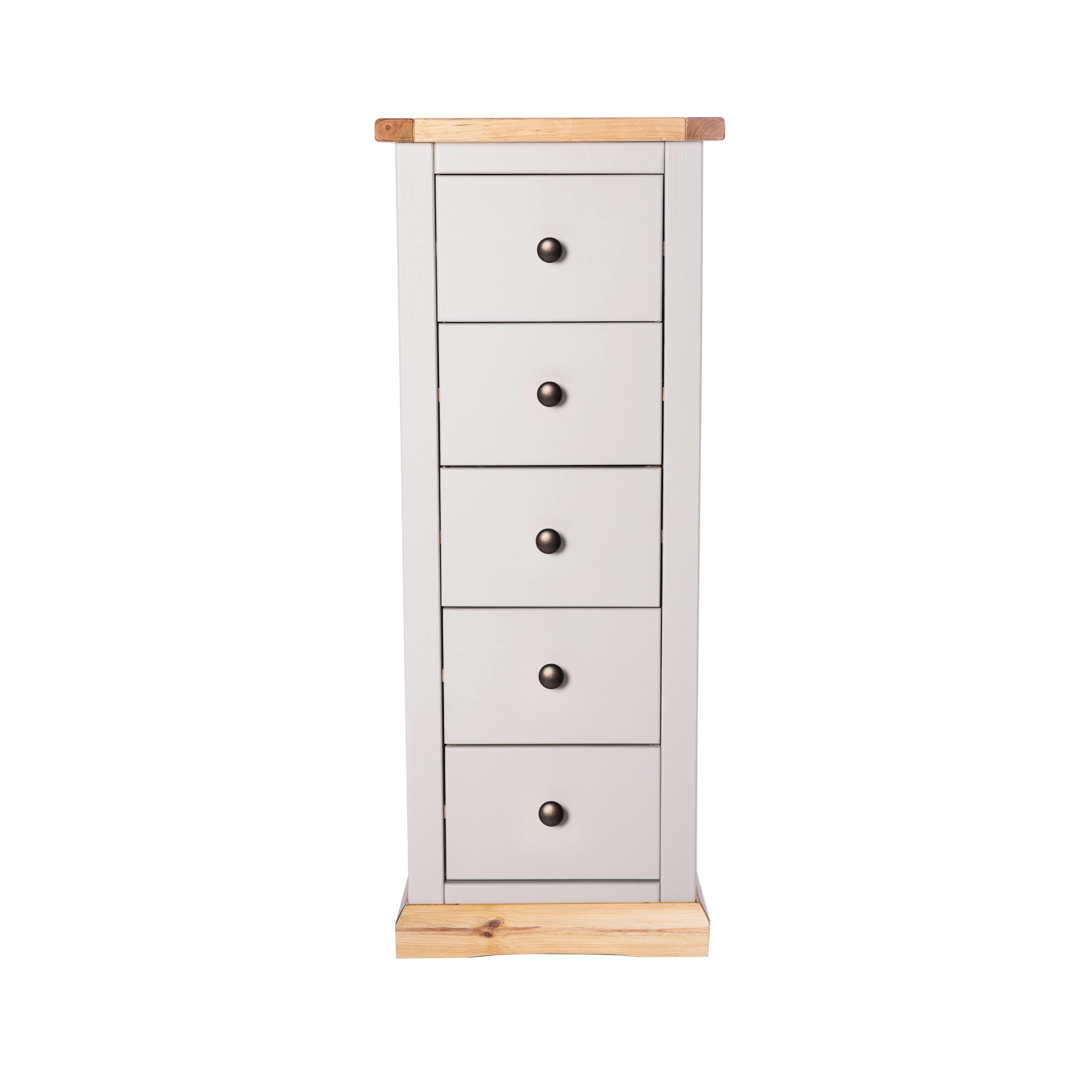 Rackhams Light/Grey Bomporto 5 Drawer Narrow Chest Of Drawers Brass Knob