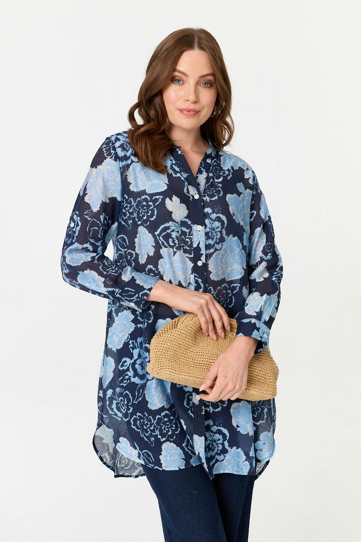 Izabel London Floral Longline Long Sleeve Shirt - 12 - Navy