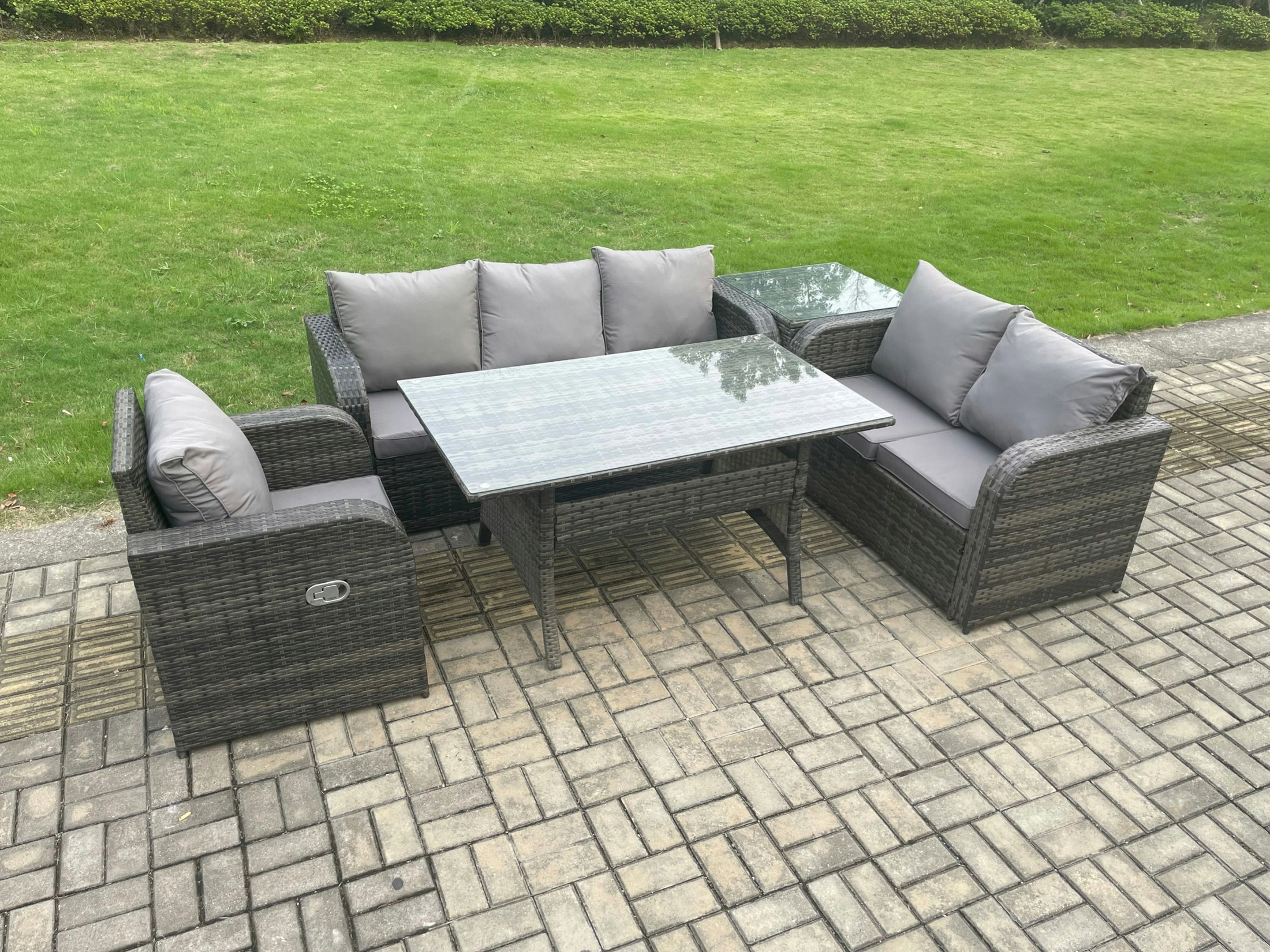 Rackhams Dark/Grey 6 Seater Garden Rattan Furniture Dining Table Sofa Set Indoor Outdoor With Reclining Chairs Side Table Mixed