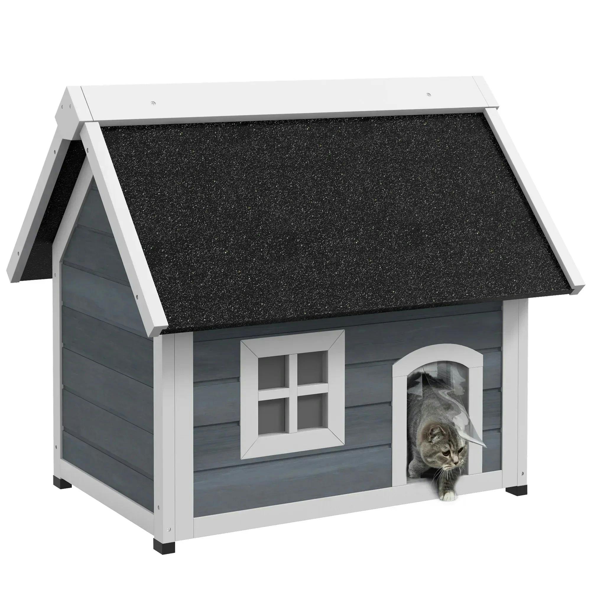 Pawhut Grey Wooden Outdoor Cat House Feral Cat Shelter W/ Openable Asphalt Roof, In - Image 4