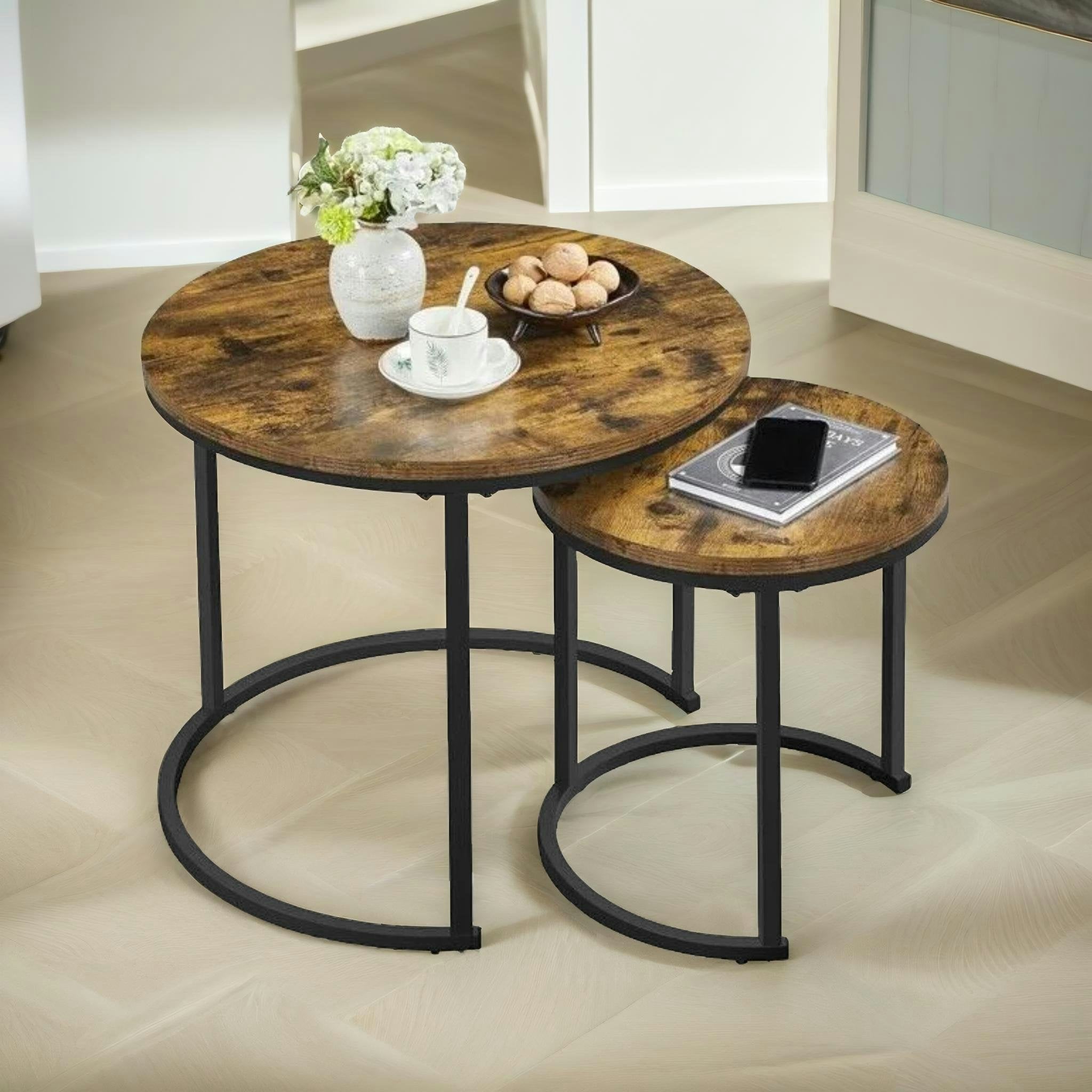 Rafaelo Mobilia Brown Set Of 2 Round Nesting Tables Rustic