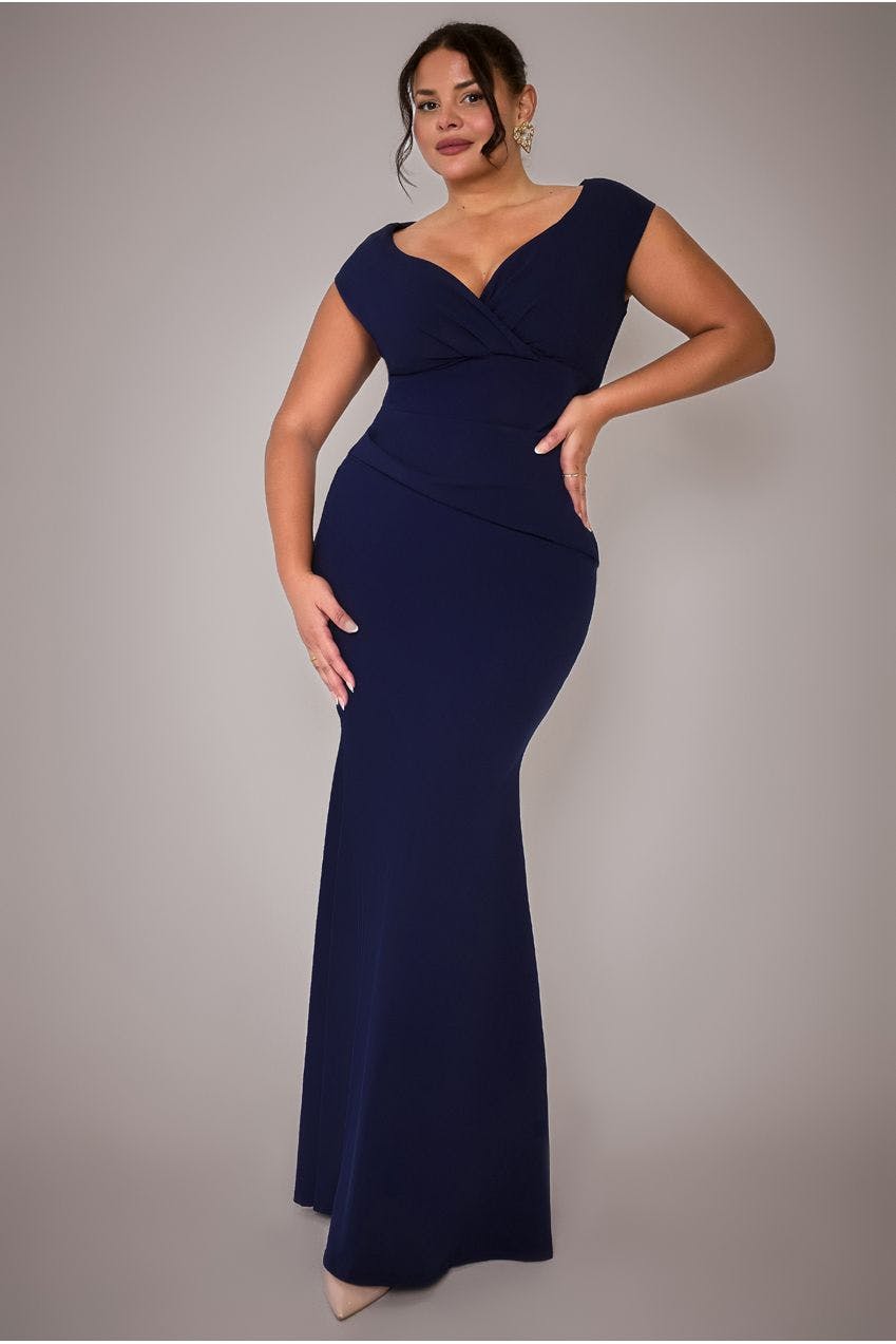 Goddiva Plus Blue Bardot Pleated Maxi Dress - Navy By - Navy - 22