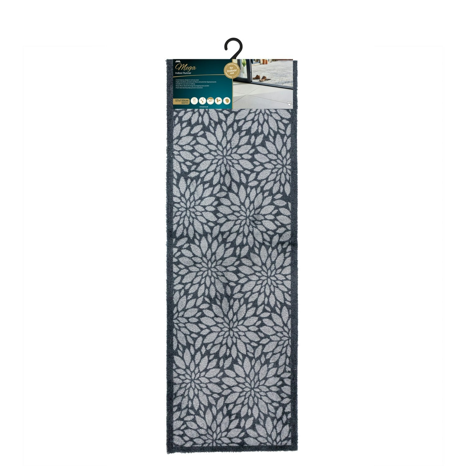 Jvl Grey Mega Mat Machine Washable Entrance Runner, 50X150cm, Flowers