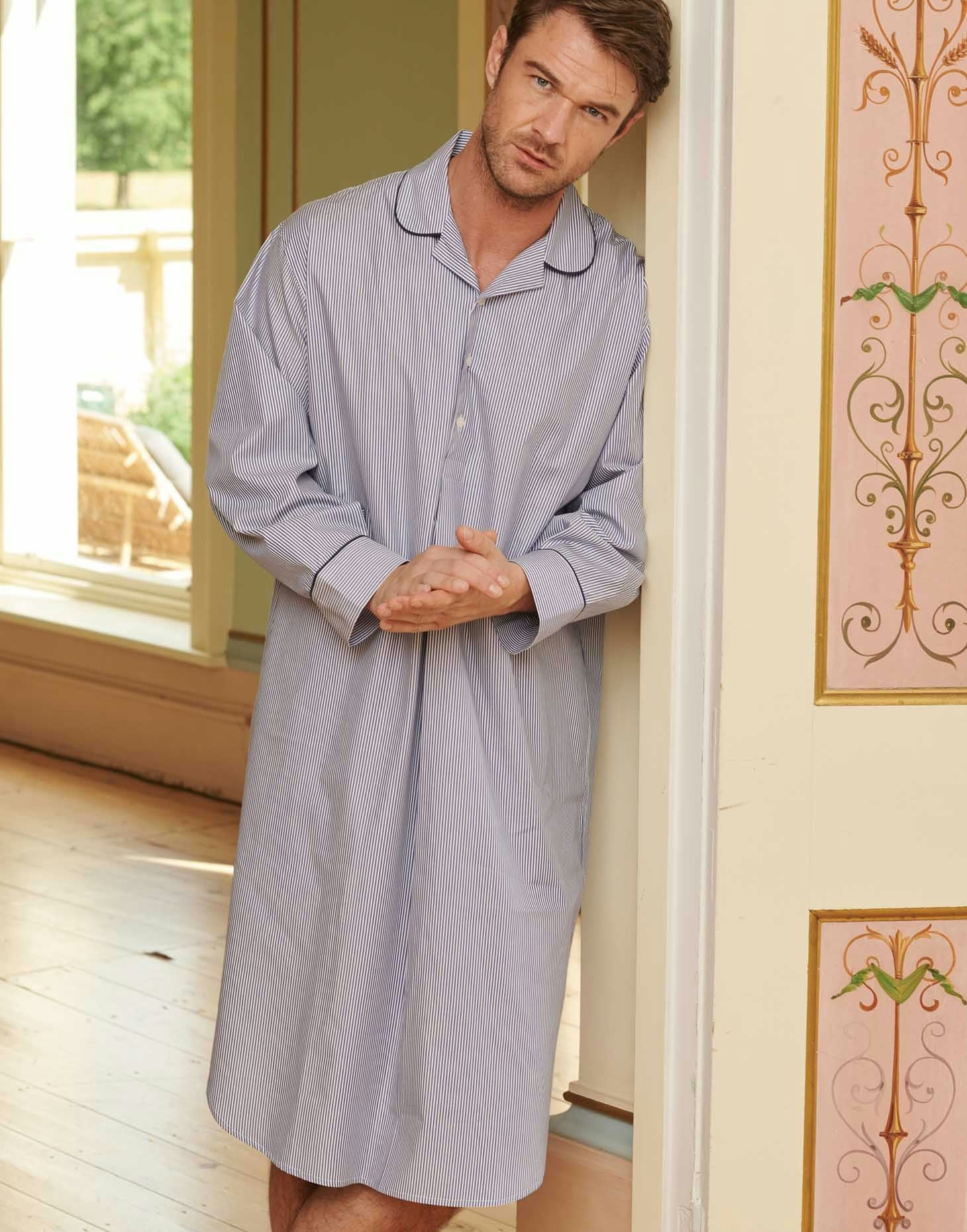 British Boxers Men's Crisp Cotton Nightshirt – Navy Pinstripe - XX-Large