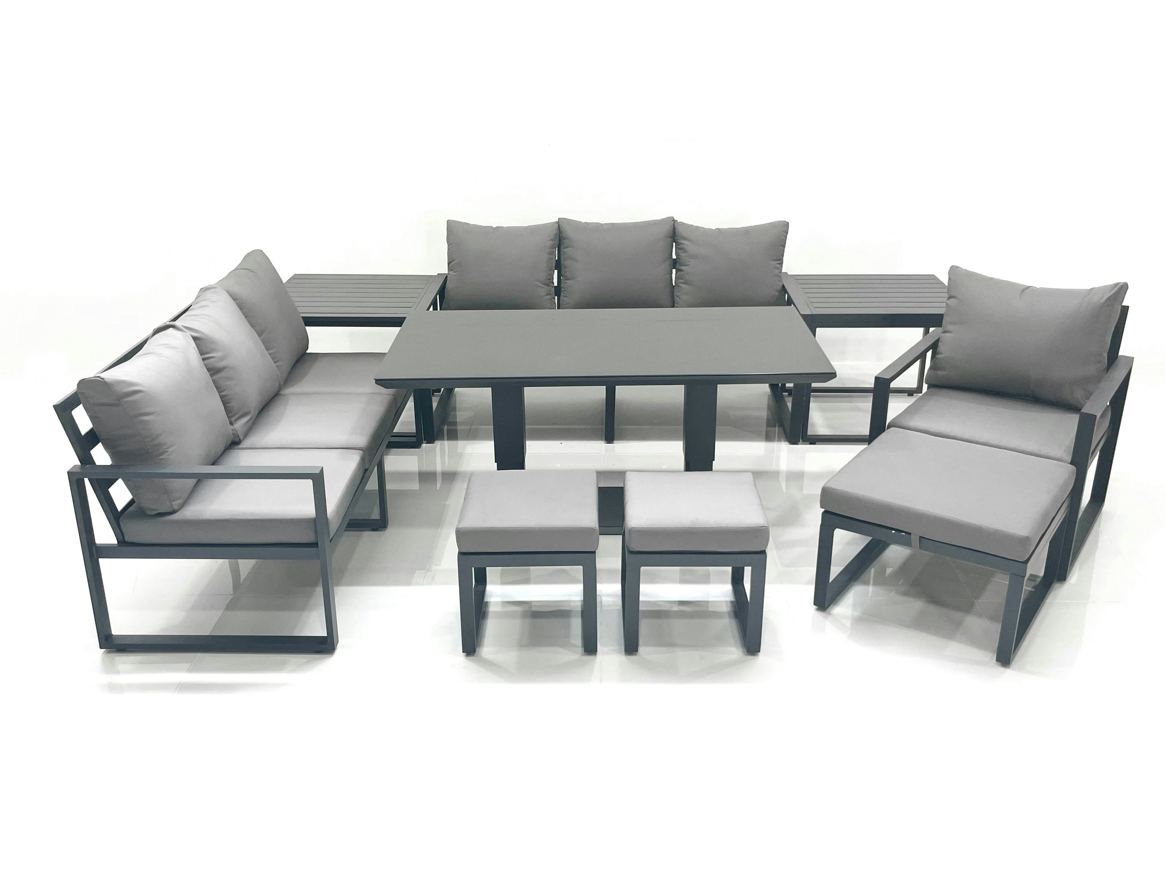 Rackhams Dark/Grey Outdoor Garden Furniture Set Aluminium Lounge Sofa Adjustable Rising Lifting Dining Table Sets With 3 Footstools 2 Side Tables